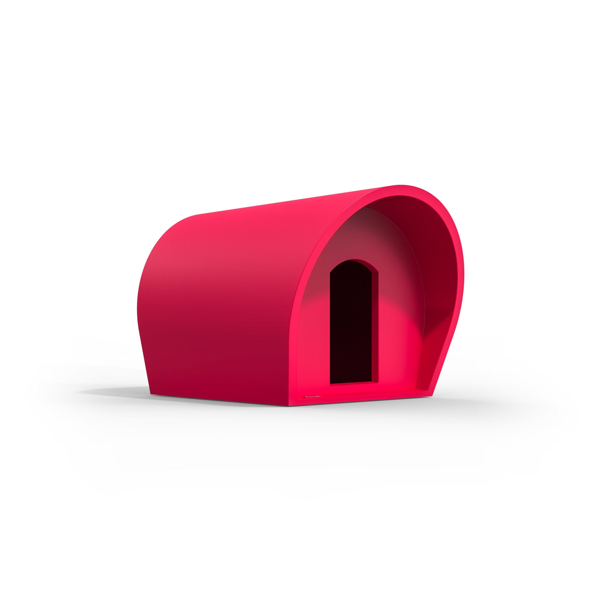 A medium-sized dog kennel made by Modscene NZ. The kennel is pink.