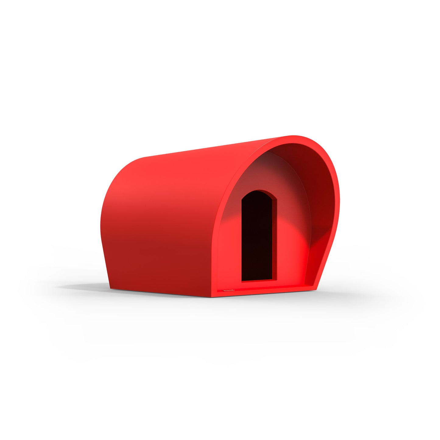 A medium-sized dog kennel made by Modscene NZ. The kennel is red.