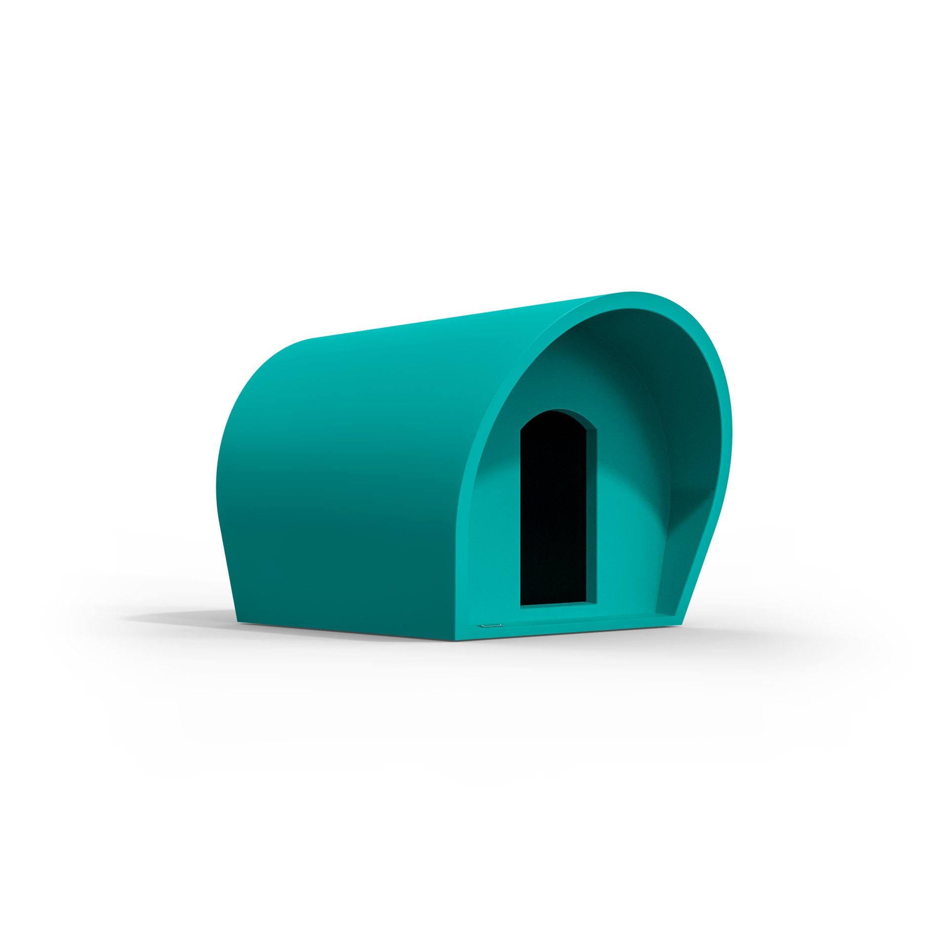 A medium-sized dog kennel made by Modscene in a teal blue colour.