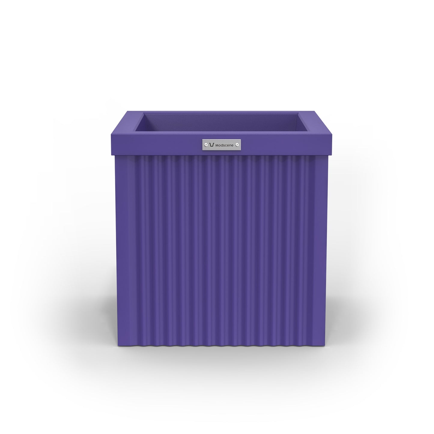 A corrugated square planter pot. The pot planter is purple in colour.
