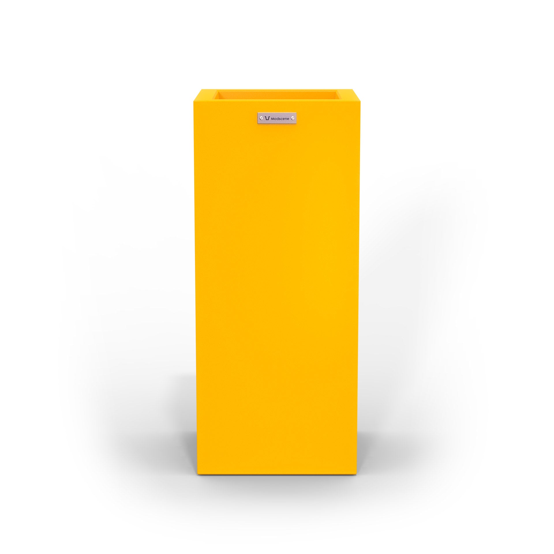 A slim cube planter pot by Modscene New Zealand. The planter is a canary yellow colour.