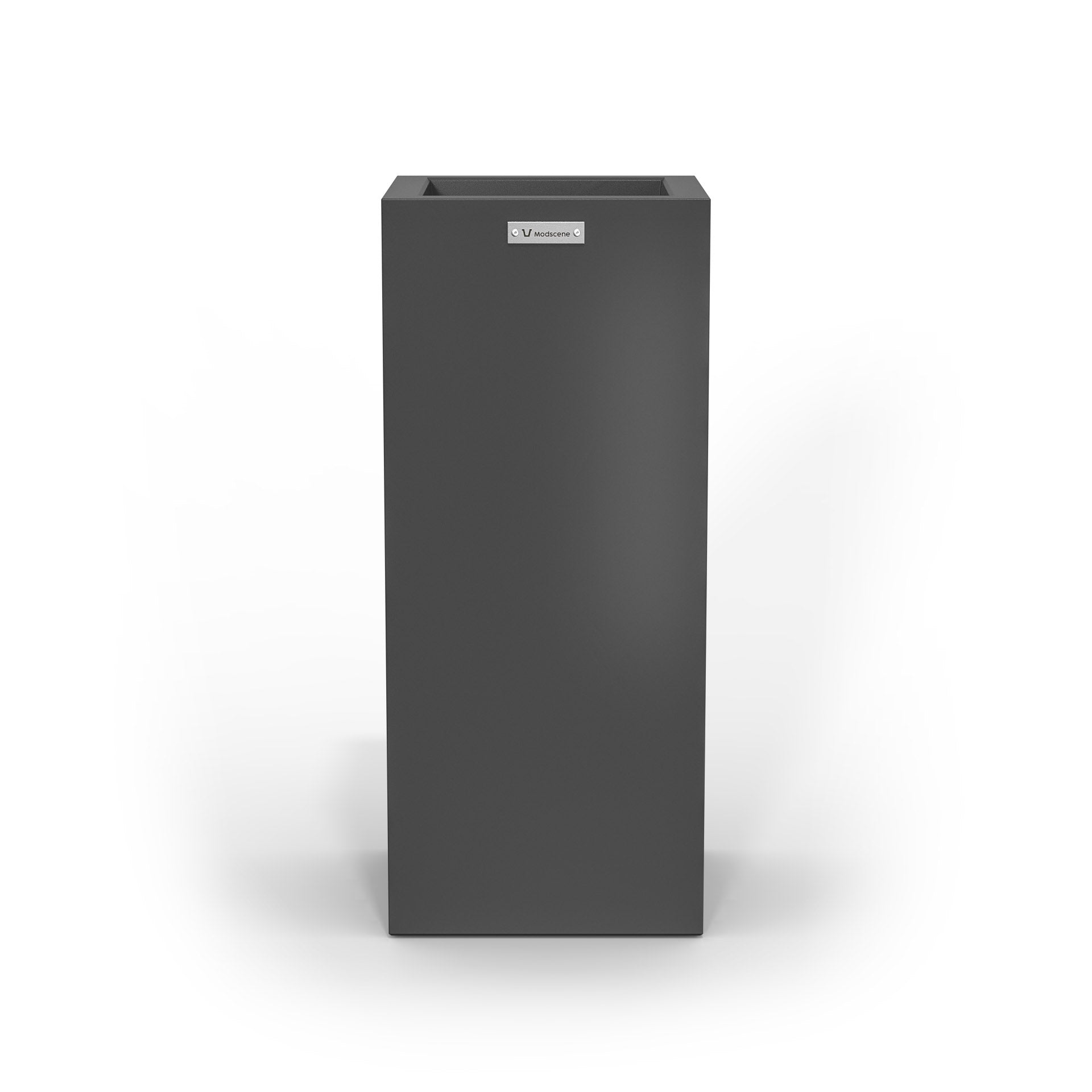 A slim cube planter pot by Modscene New Zealand. The planter is a dark grey colour.