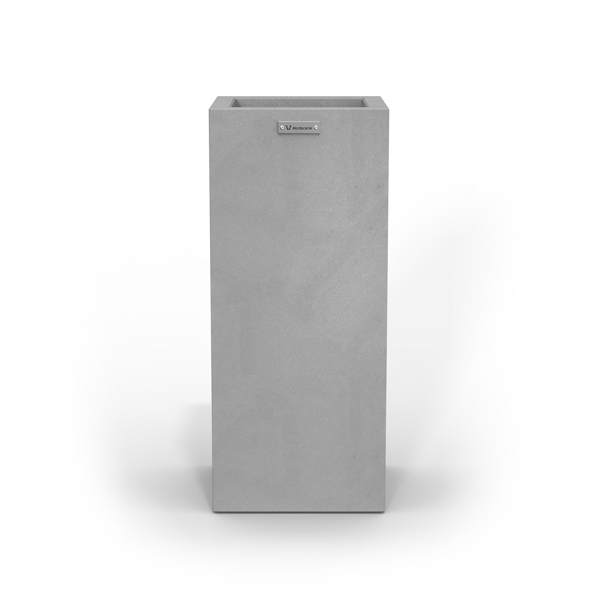 A slim cube planter pot by Modscene New Zealand. The planter is a brushed grey colour.