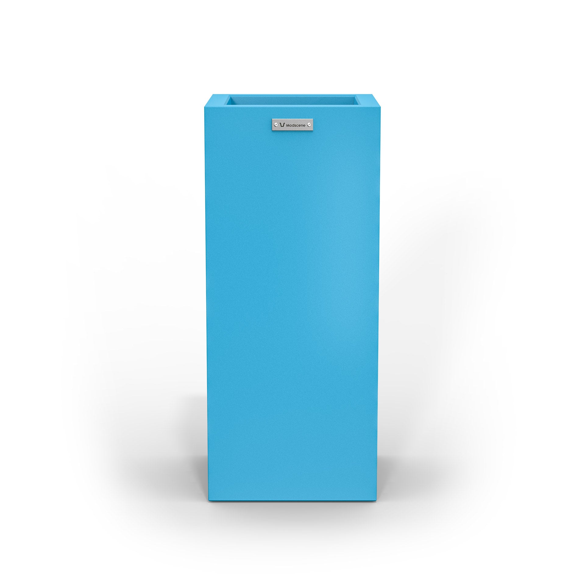 A slim cube planter pot by Modscene New Zealand. The planter is blue.