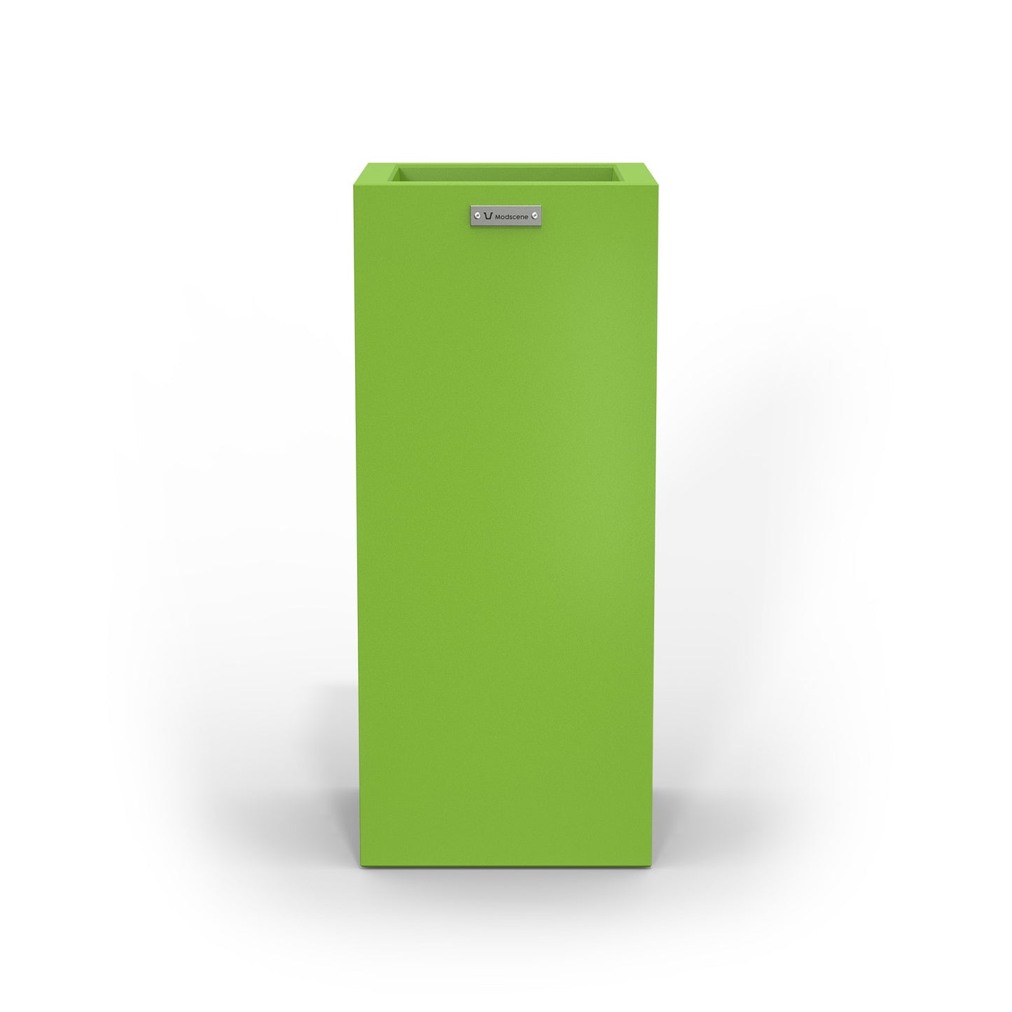 A slim cube planter pot by Modscene New Zealand. The planter is a green colour.