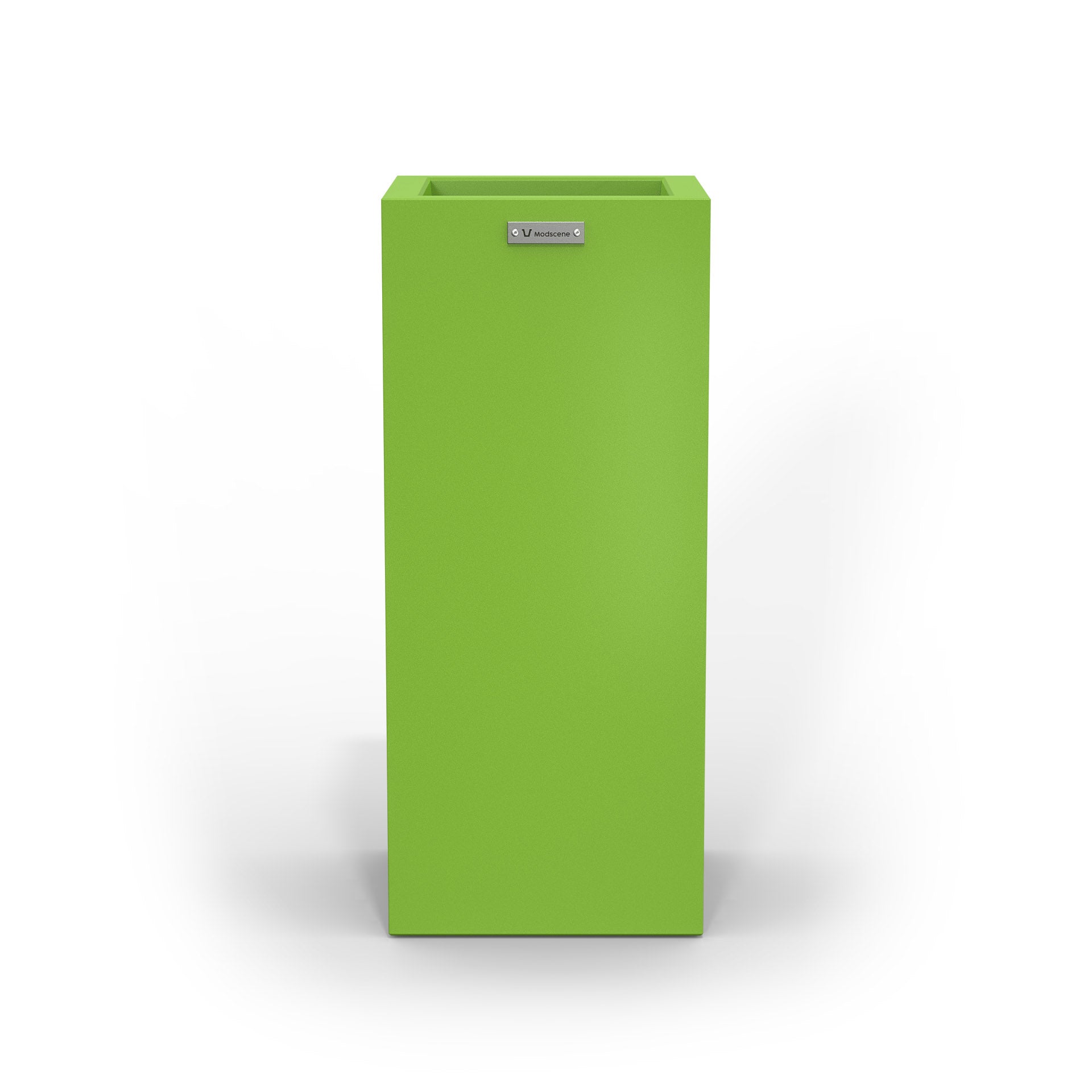 A slim cube planter pot by Modscene New Zealand. The planter is a green colour.