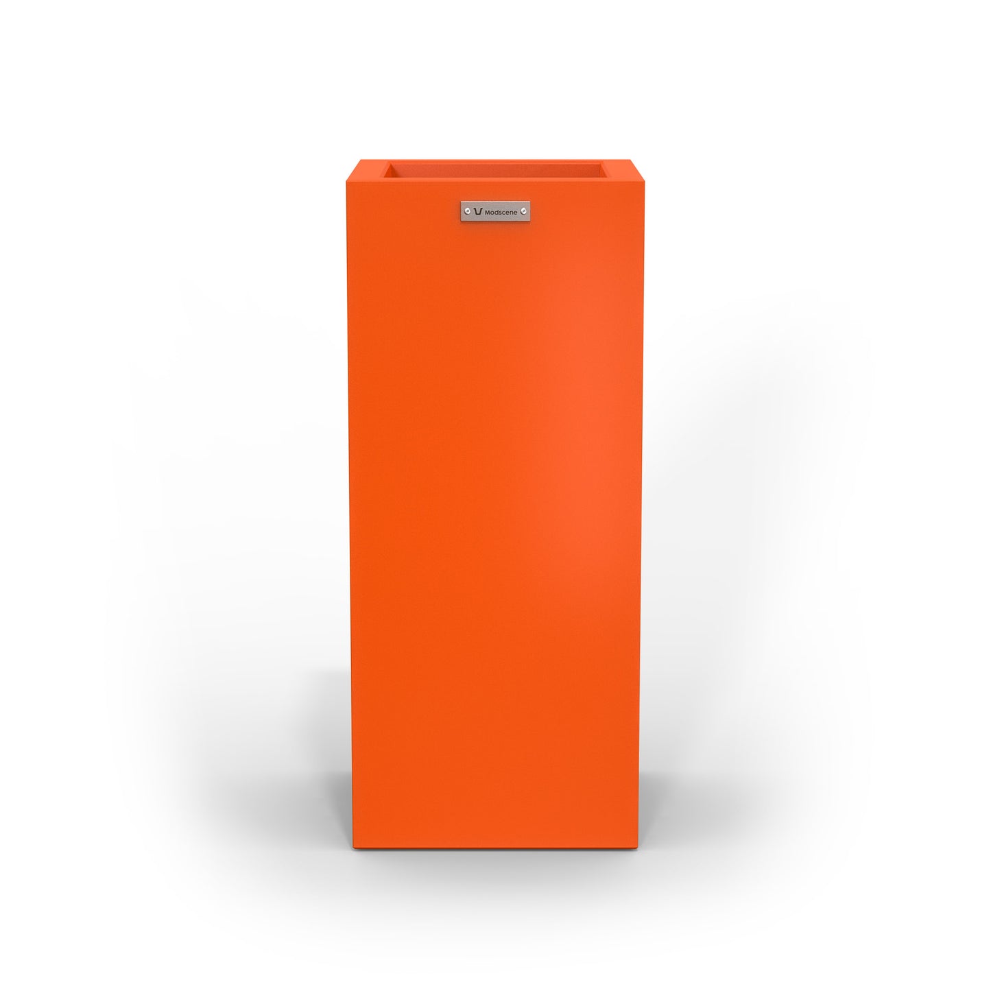 A slim cube planter pot by Modscene New Zealand. The planter is a orange colour.