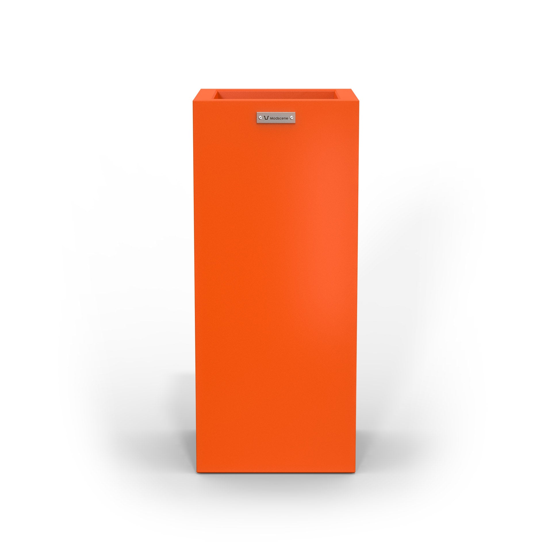 A slim cube planter pot by Modscene New Zealand. The planter is a orange colour.