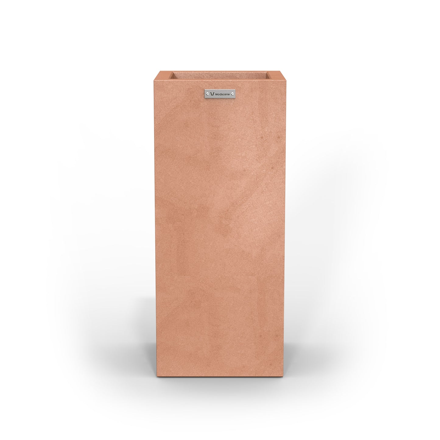 A slim cube planter pot by Modscene New Zealand. The planter is a rustic terracotta colour.