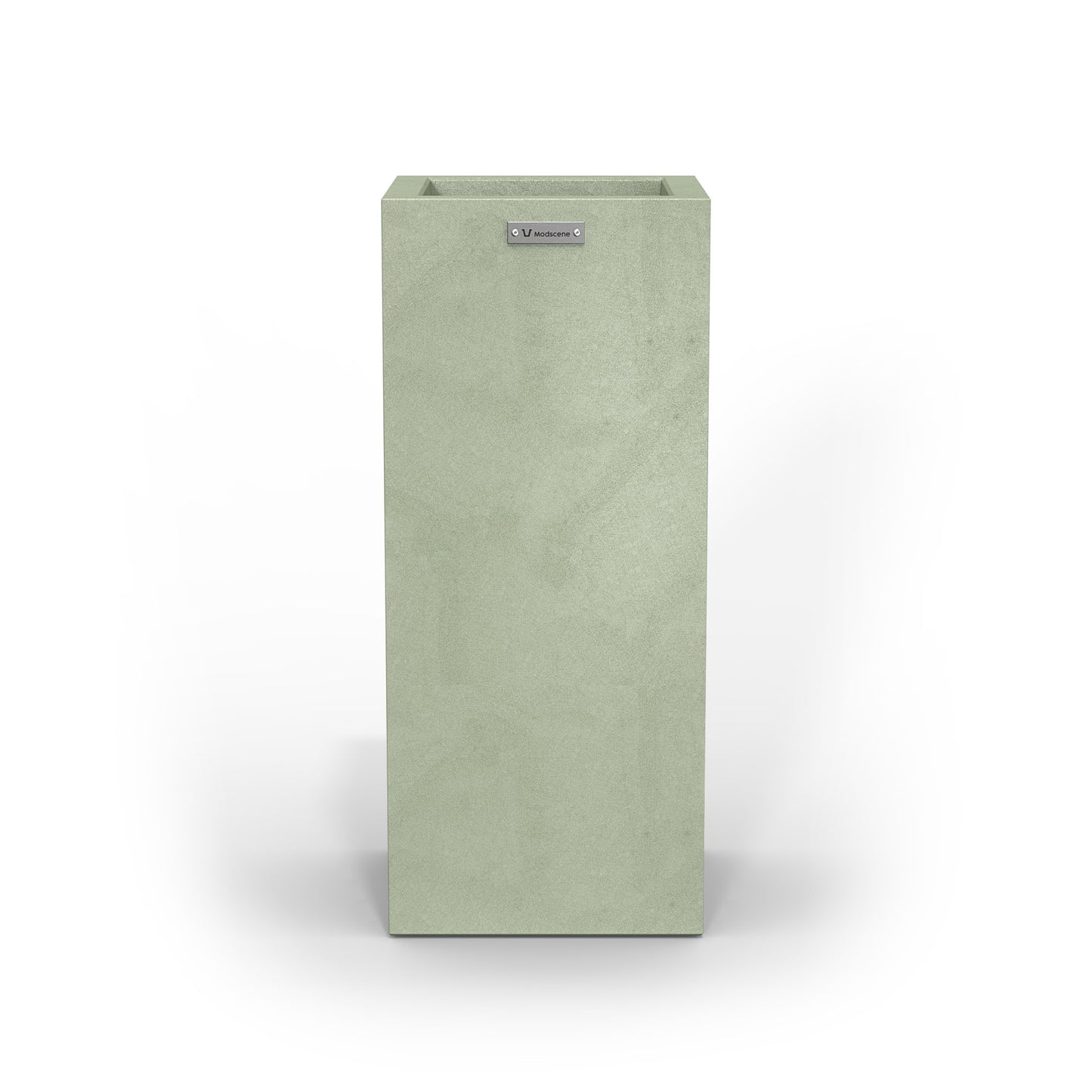 A slim cube planter pot by Modscene New Zealand. The planter is a sage green colour.