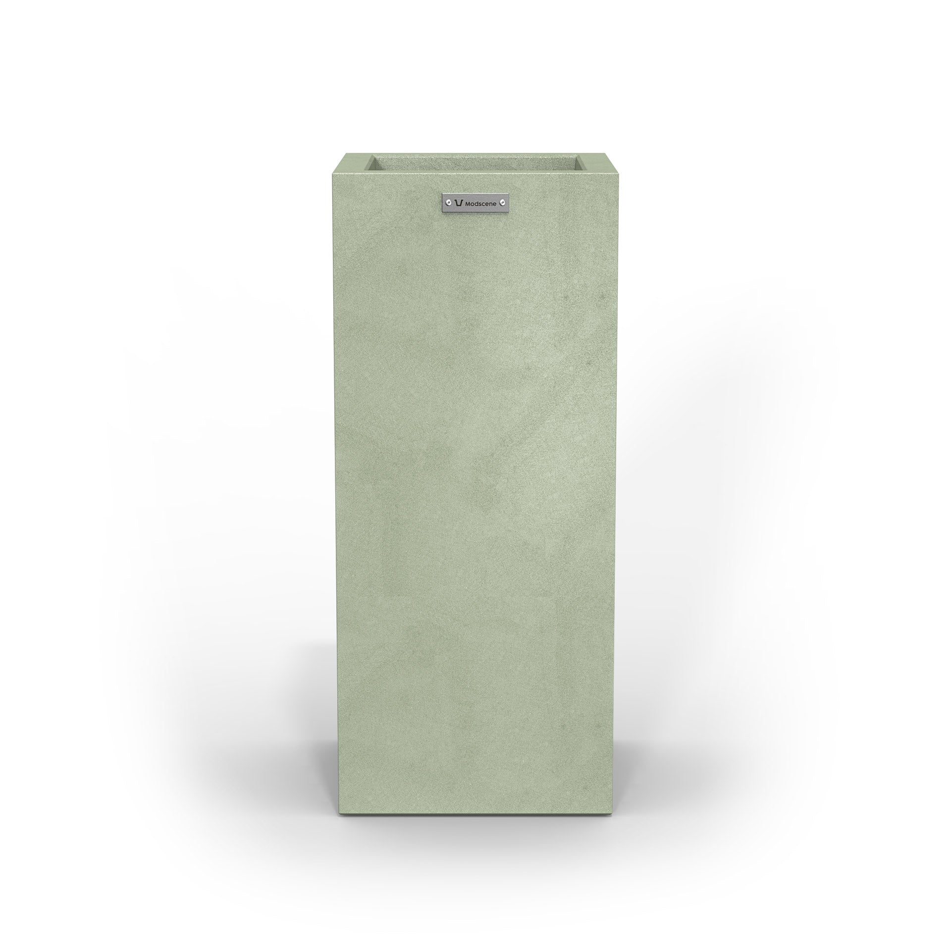 A slim cube planter pot by Modscene New Zealand. The planter is a sage green colour.