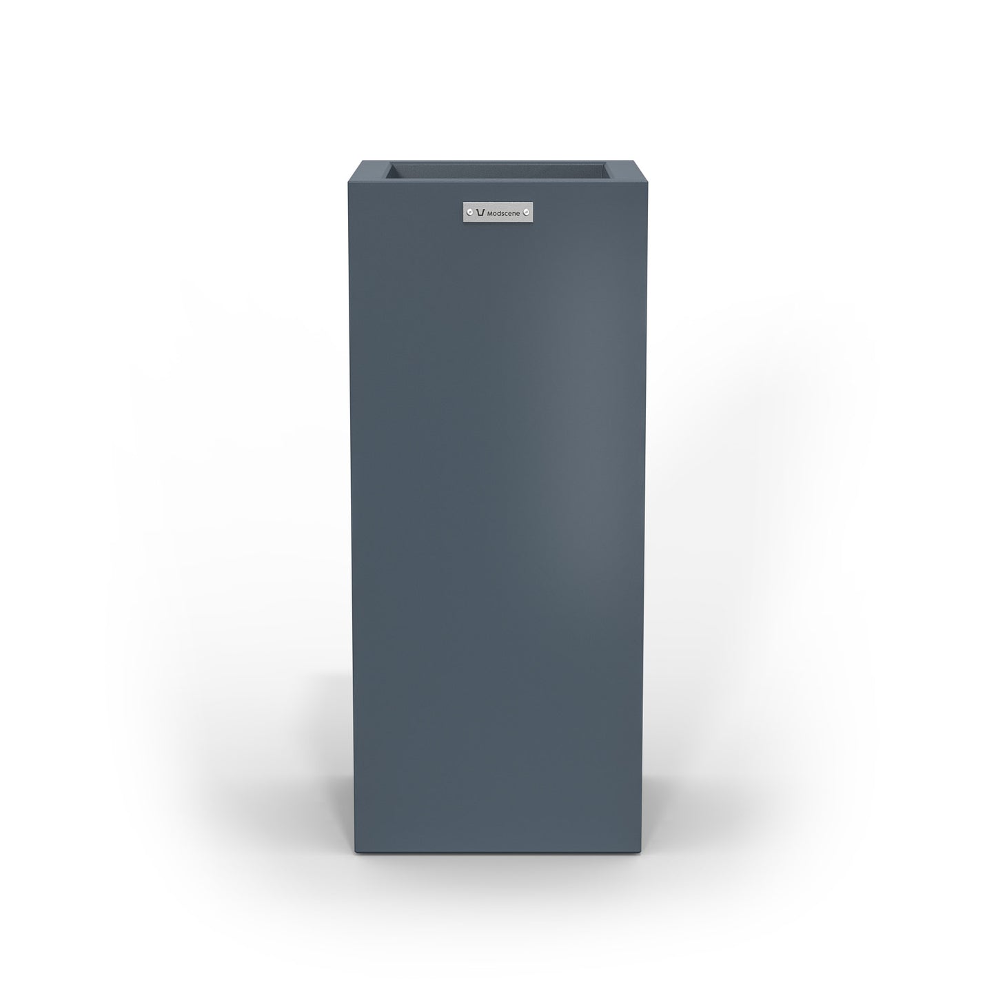 A slim cube planter pot by Modscene New Zealand. The planter is a deep blue colour.