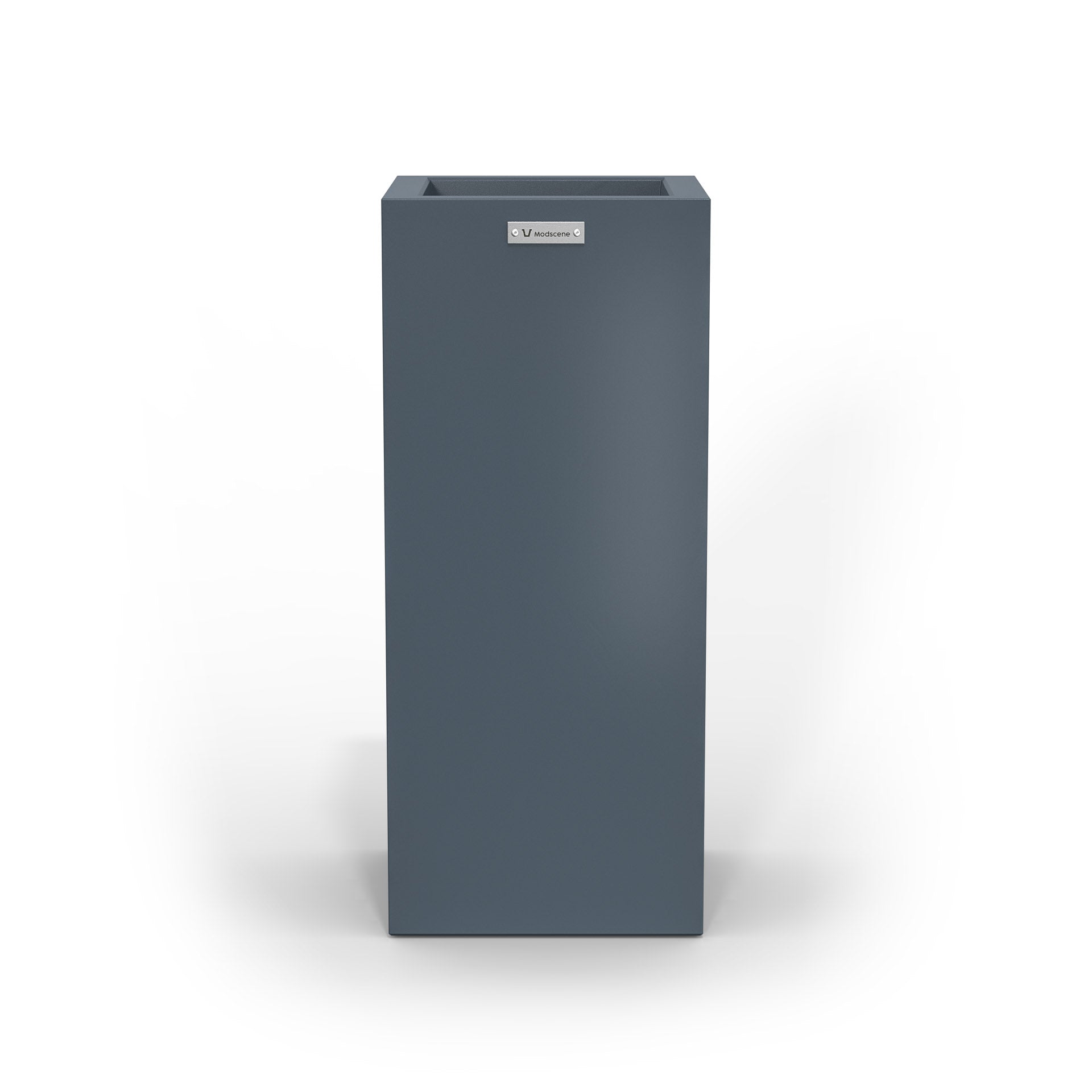 A slim cube planter pot by Modscene New Zealand. The planter is a deep blue colour.