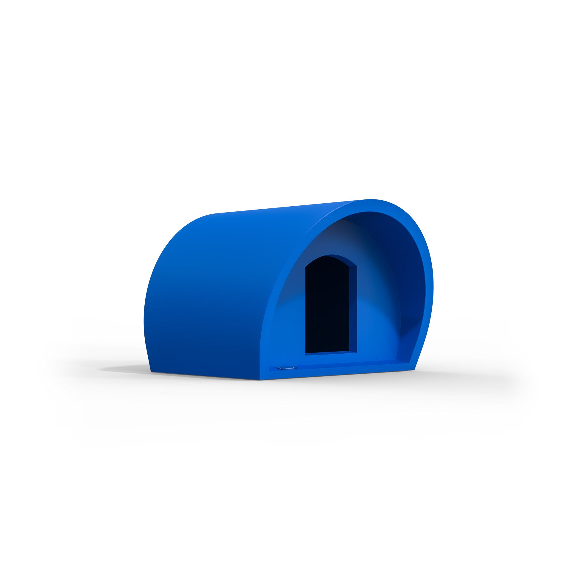A modern dog kennel in a deep blue colour made by Modscene New Zealand.