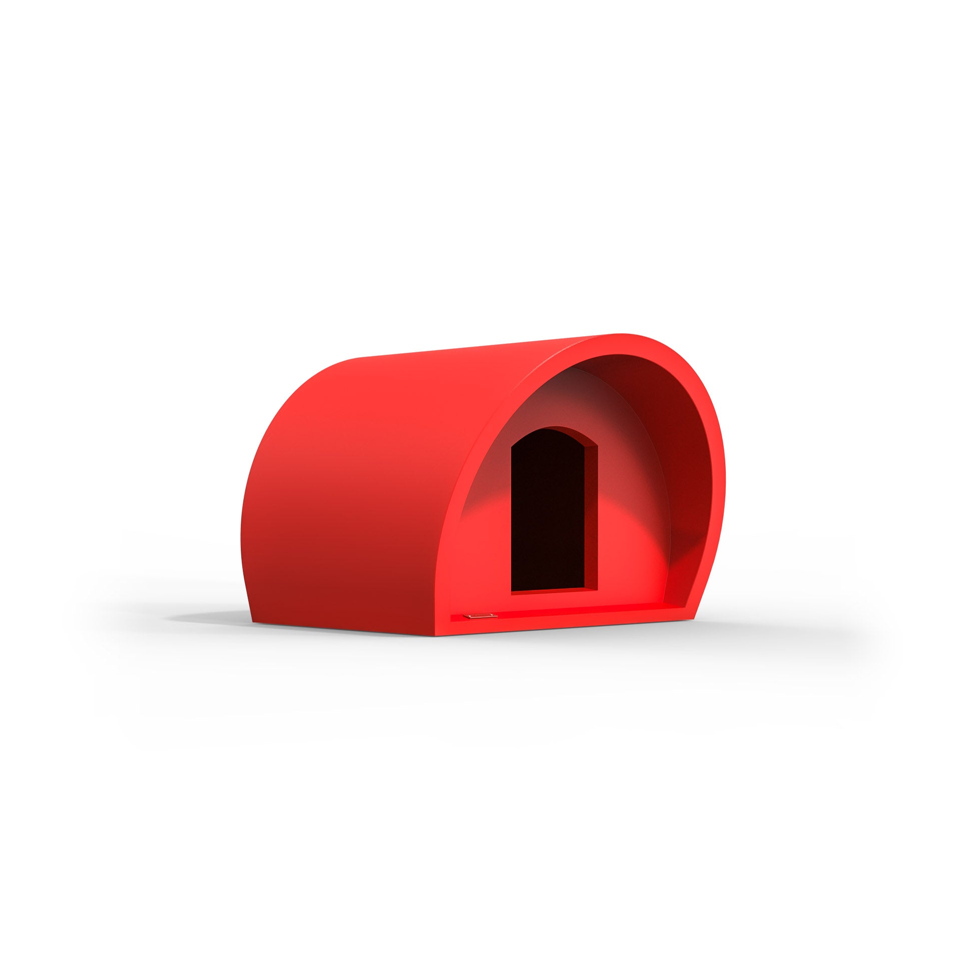 A modern dog kennel made by Modscene NZ. The kennel is red.