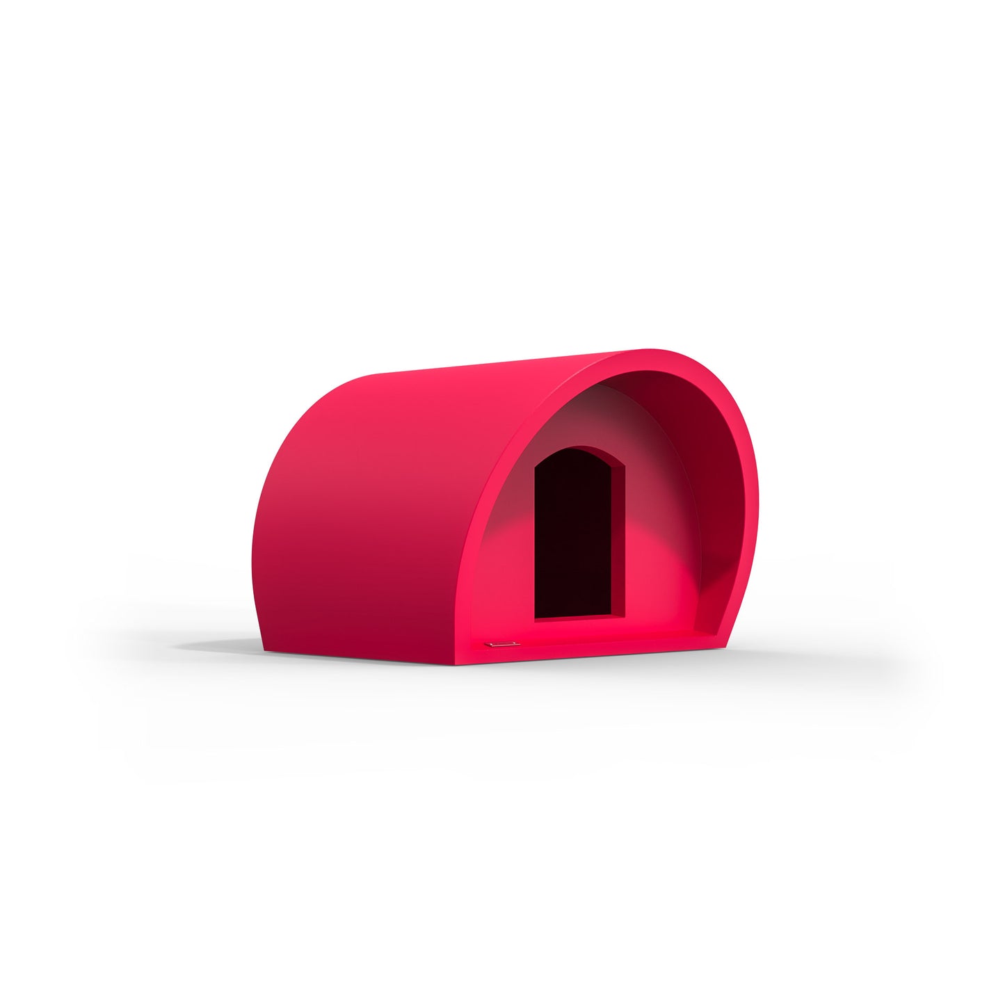 A modern dog kennel made by Modscene New Zealand. The kennel is pink.