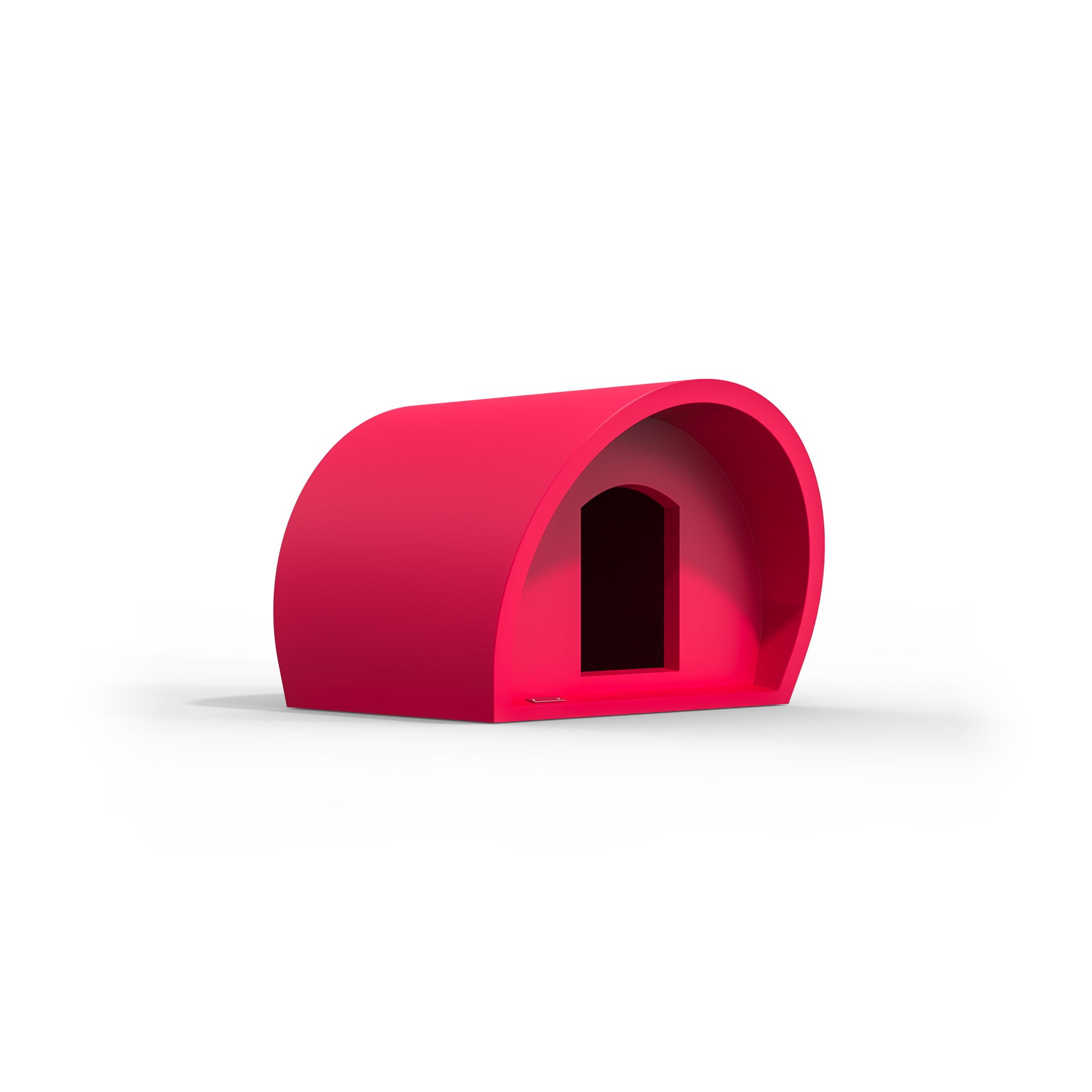 A modern dog kennel made by Modscene New Zealand. The kennel is pink.