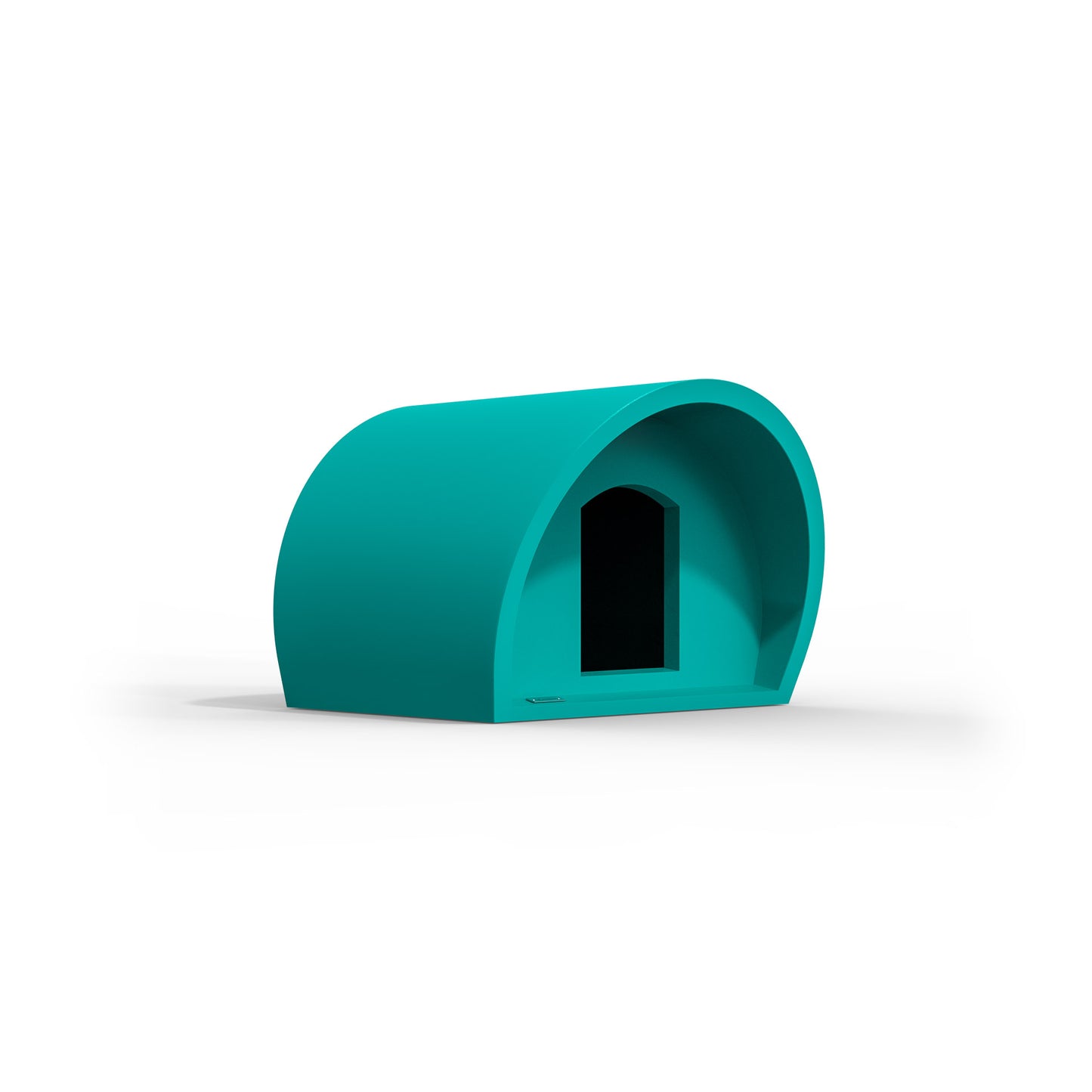 A modern dog kennel made by Modscene NZ. The kennel is a teal blue colour.