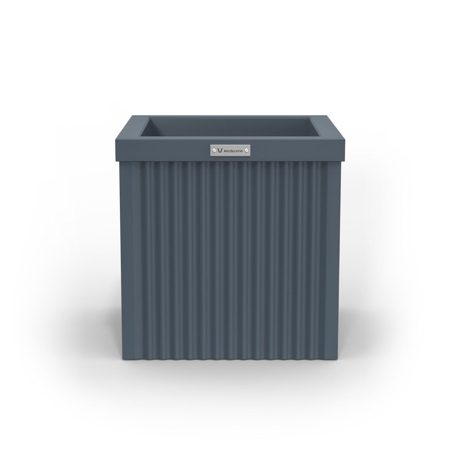 A corrugated square planter pot. The pot planter is blue in colour.