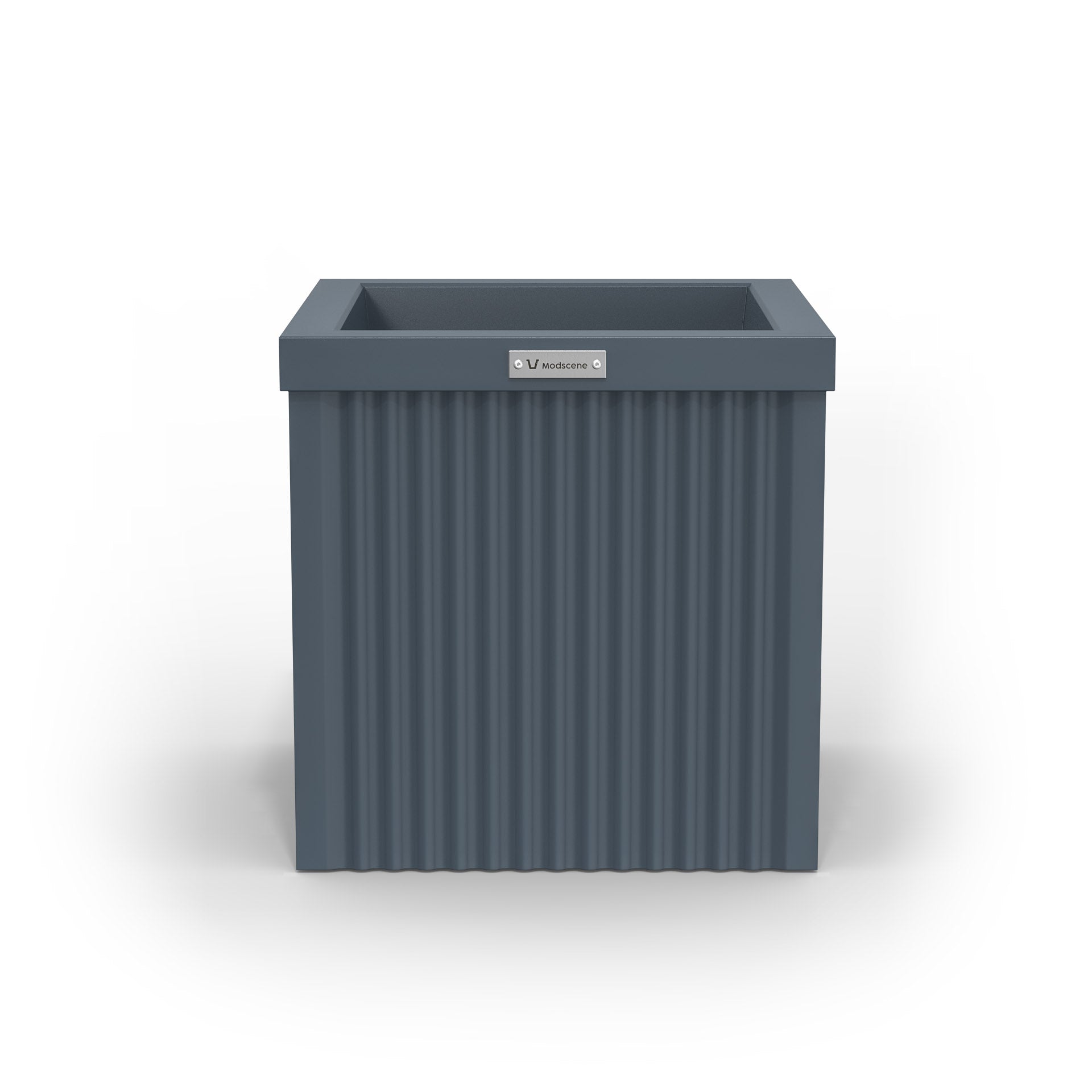 A corrugated square planter pot. The pot planter is blue in colour.