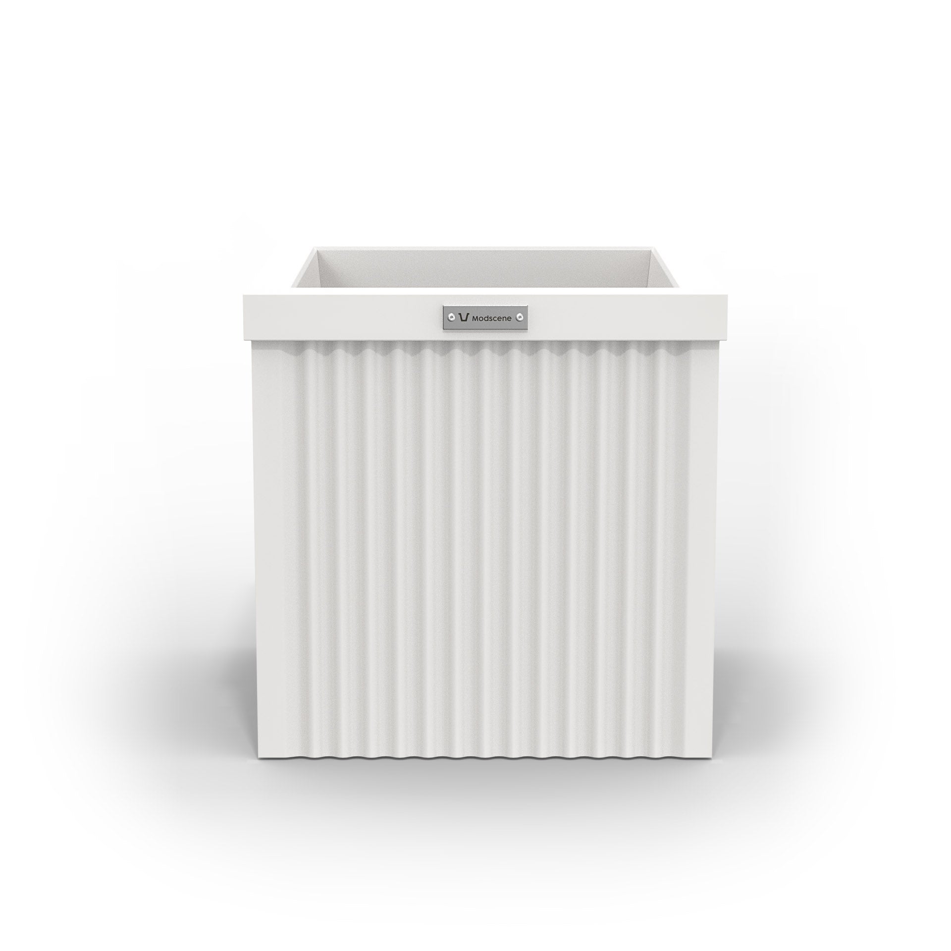 A corrugated square planter pot. The pot planter is white in colour.
