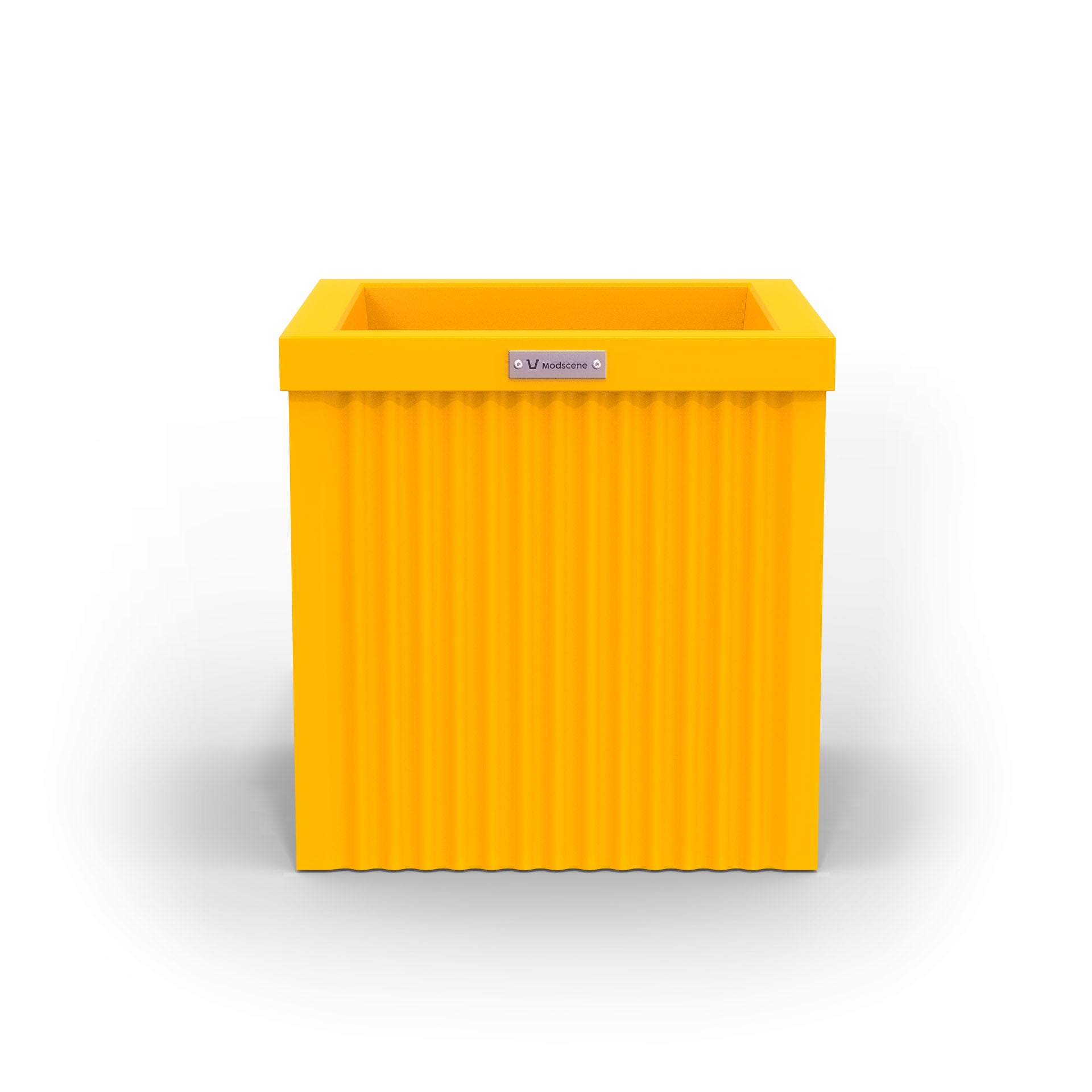 A corrugated square planter pot. The pot planter is yellow in colour.