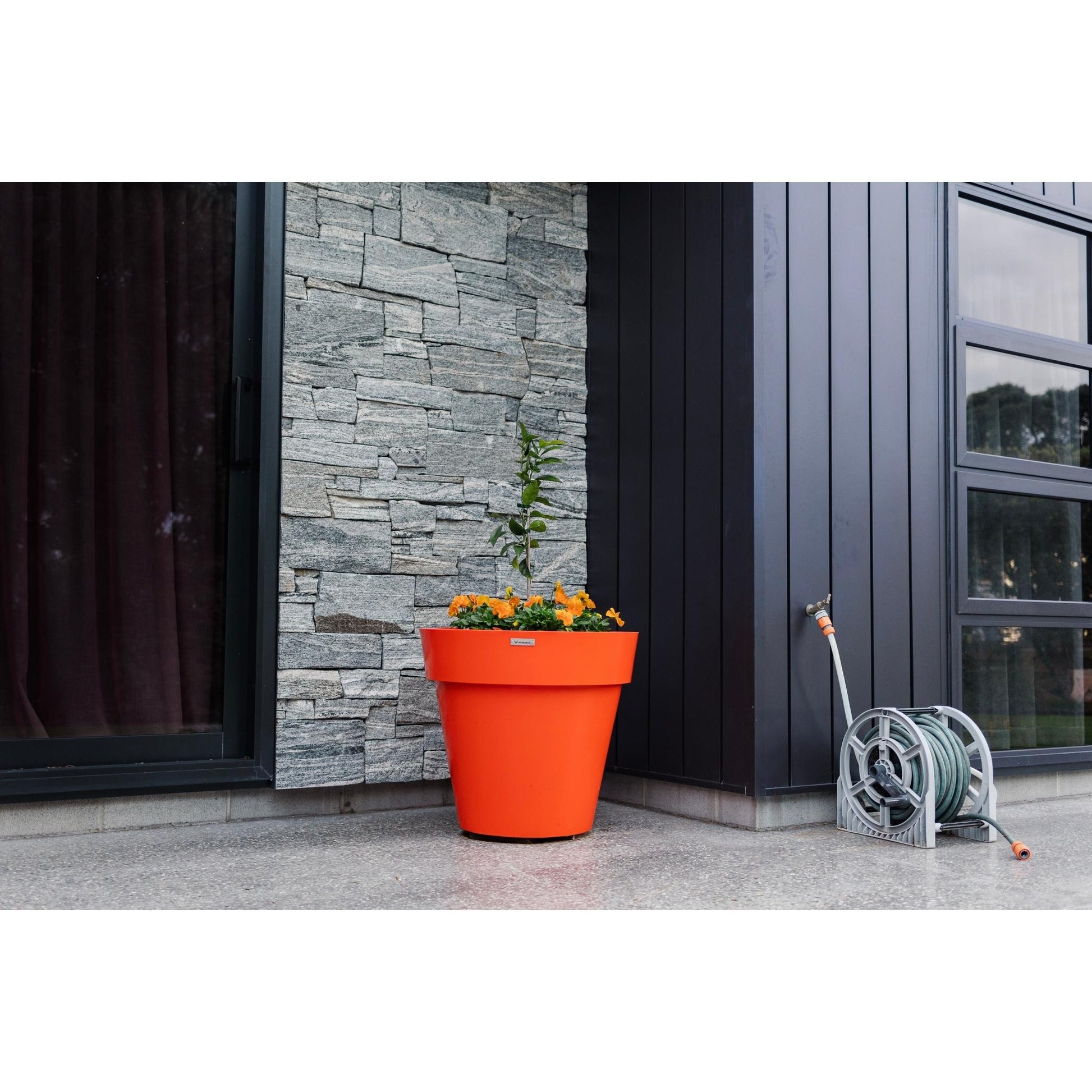 A large orange planter pot in front of a house wall. The pot is planted with a citrus tree and some flowers.