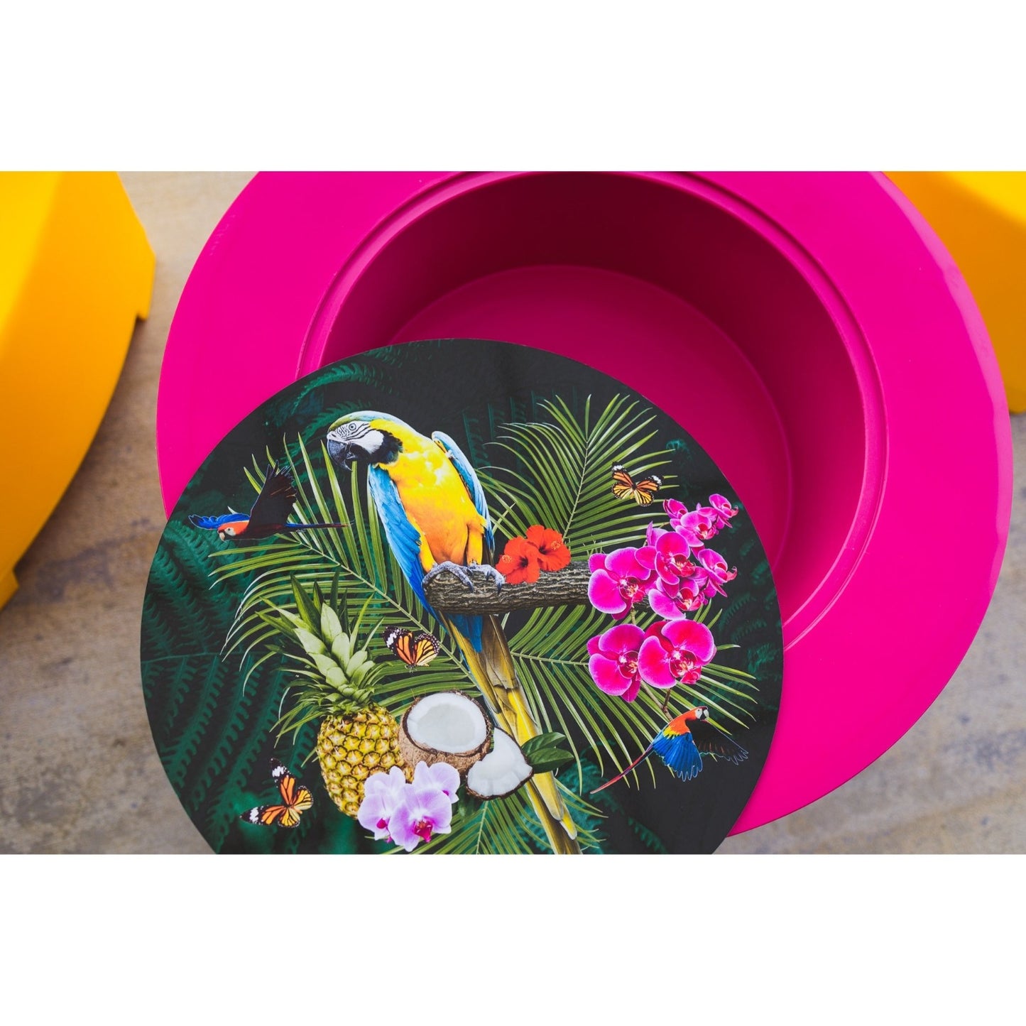 Bright yellow and pink Modscene outdoor furniture on a patio. Outdoor furniture New Zealand.