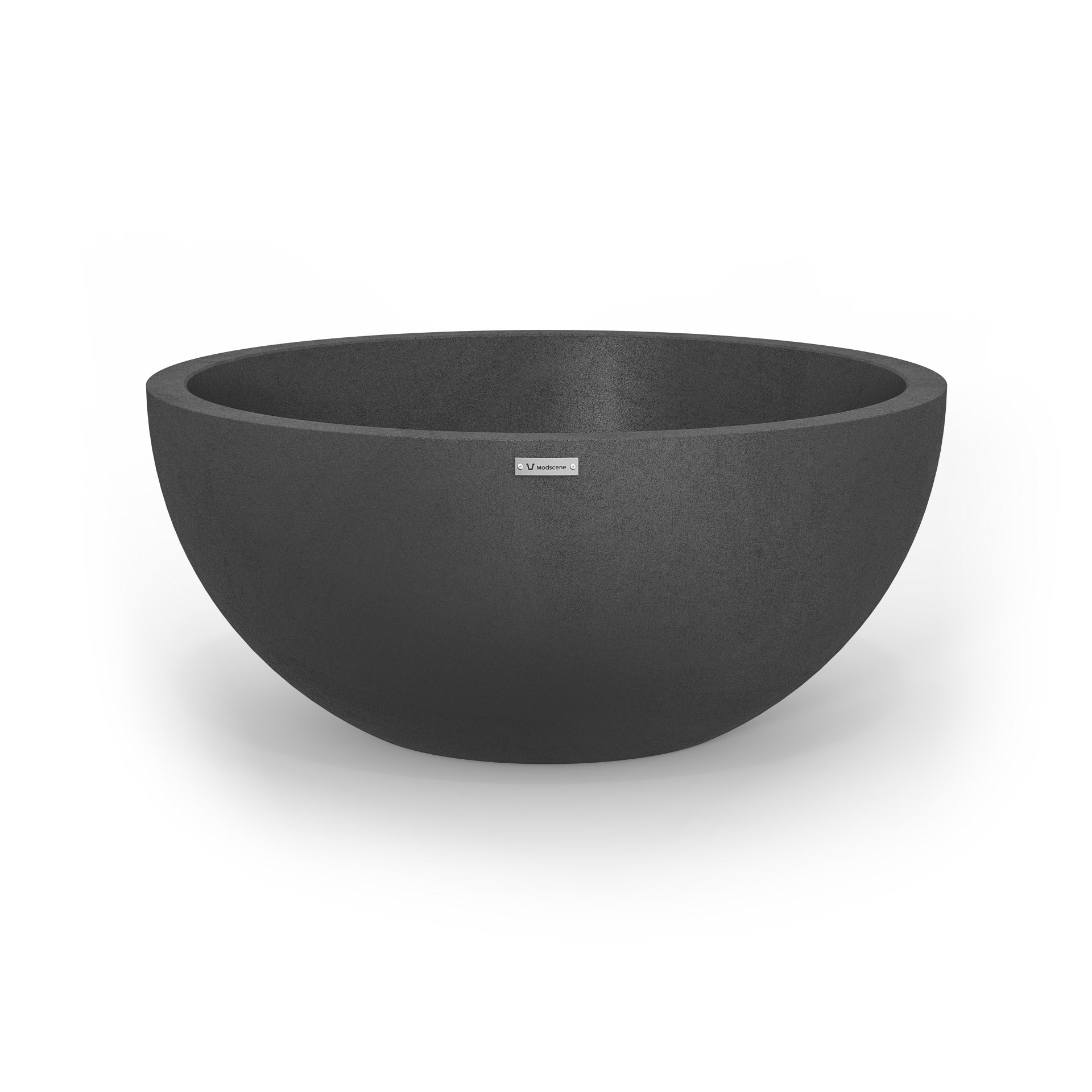 A large Modscene planter bowl in dark grey with a concrete look finish.