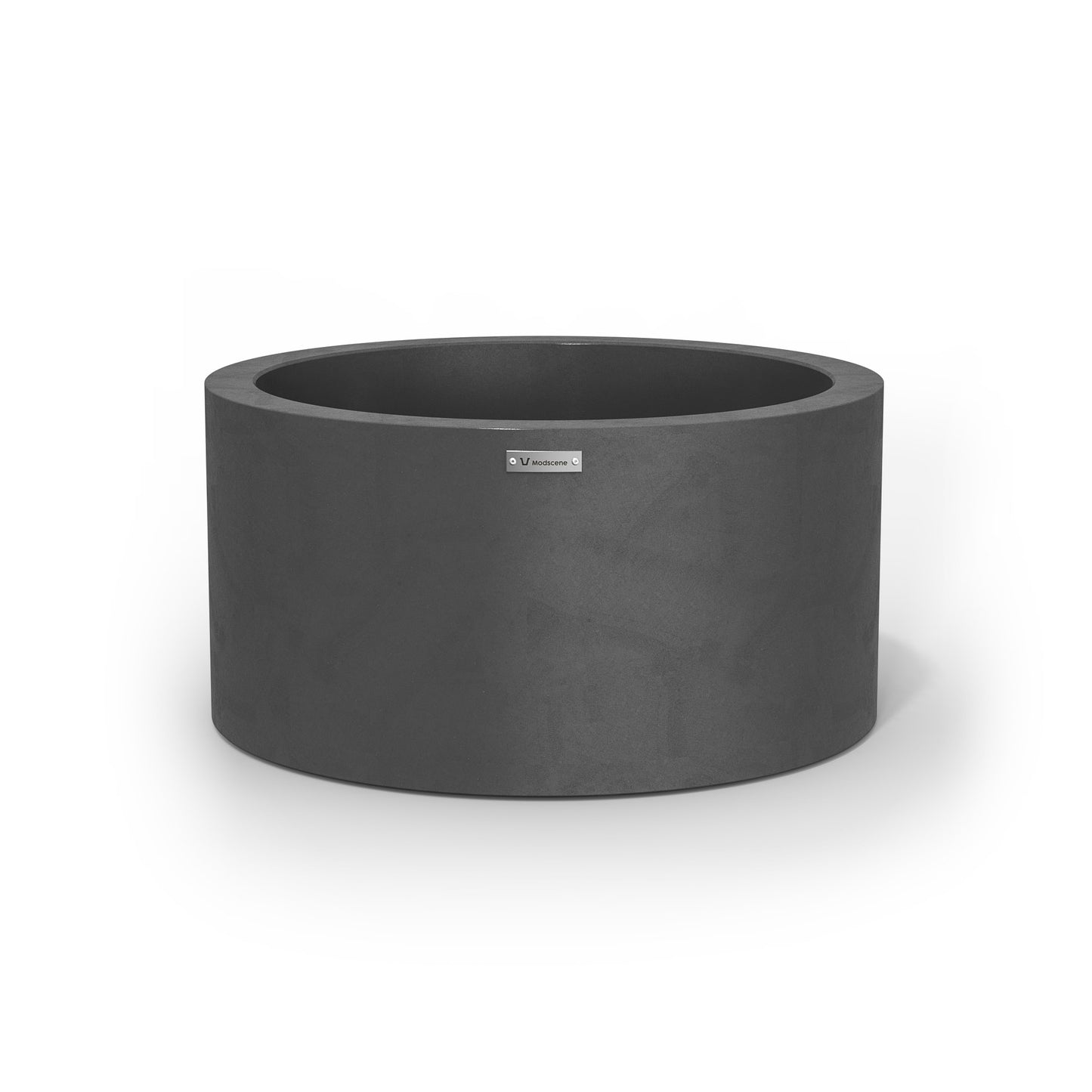 A cylinder shaped pot planter in a brushed grey colour.