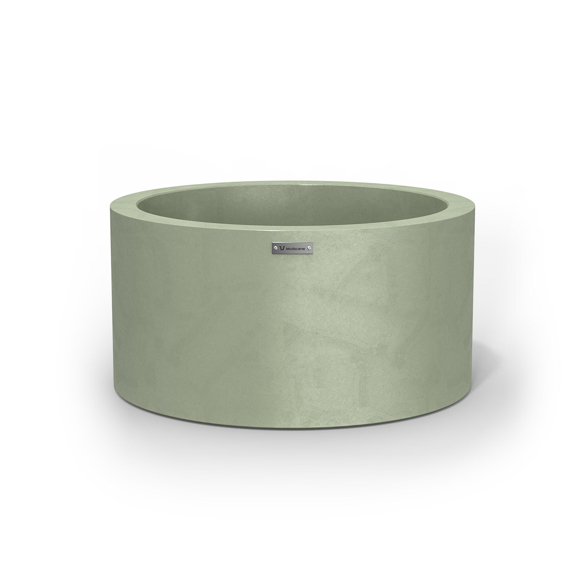 A medium cylinder shaped pot planter in moss green with a concrete look finish.