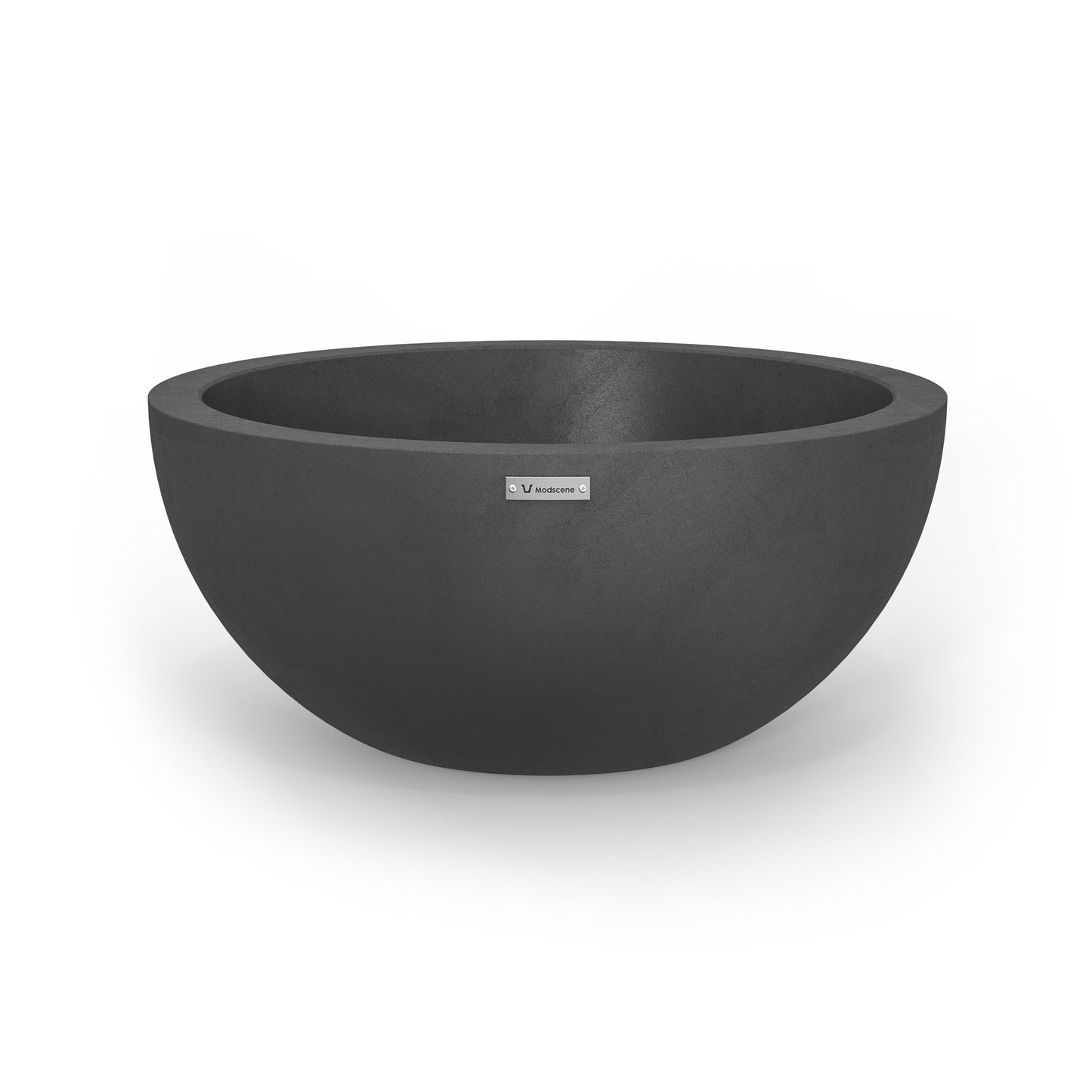 A medium Modscene planter bowl in a dark grey colour with a concrete look.