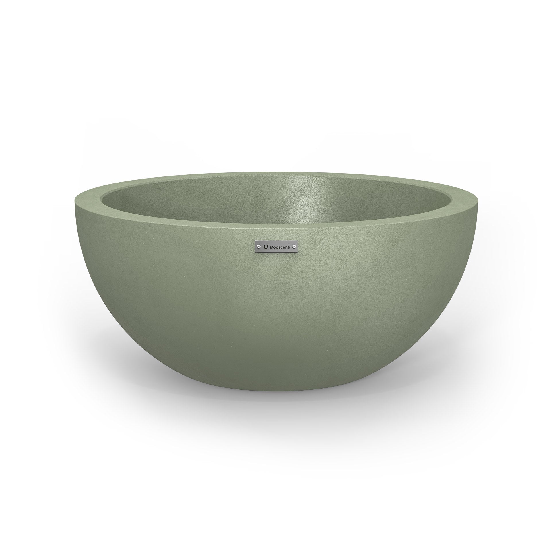 A medium Modscene planter bowl in pastel green with a concrete look.