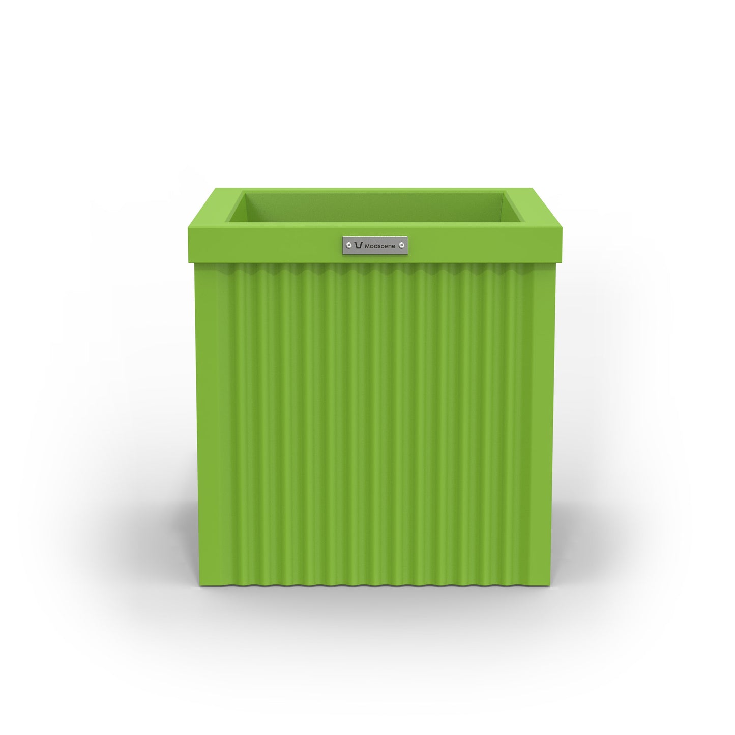 A corrugated square planter pot. The pot planter is lime green in colour.