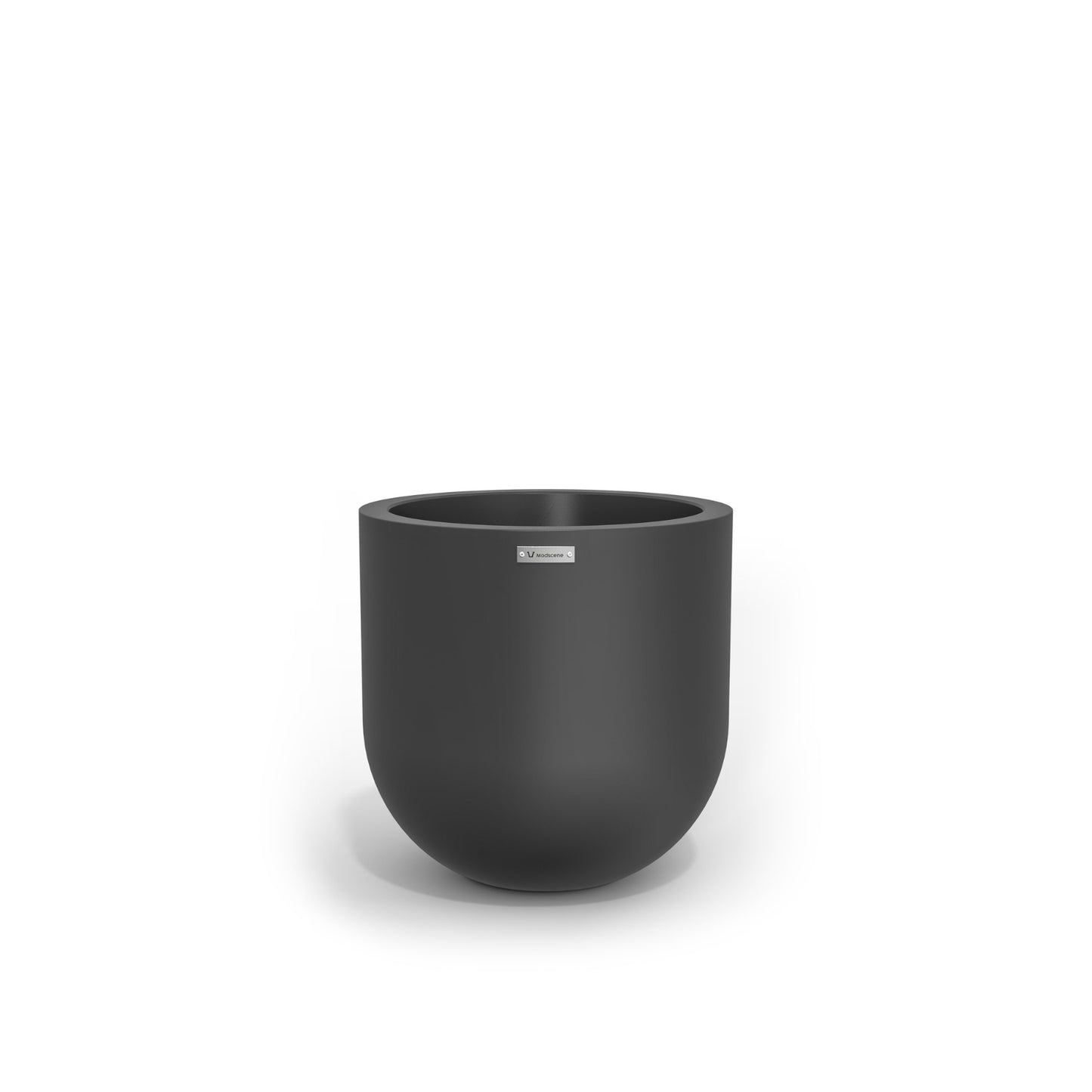 A small round pot made by Modscene in a dark grey colour. NZ made planters.