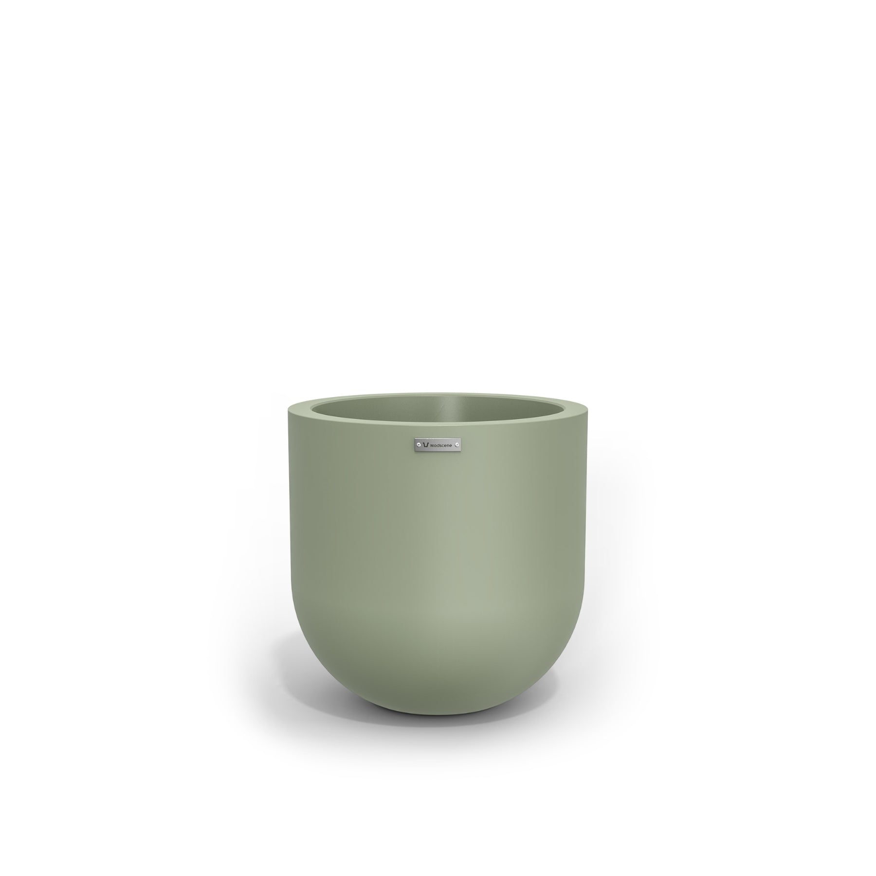 A small round pot made by Modscene in a moss green colour. NZ made planters.