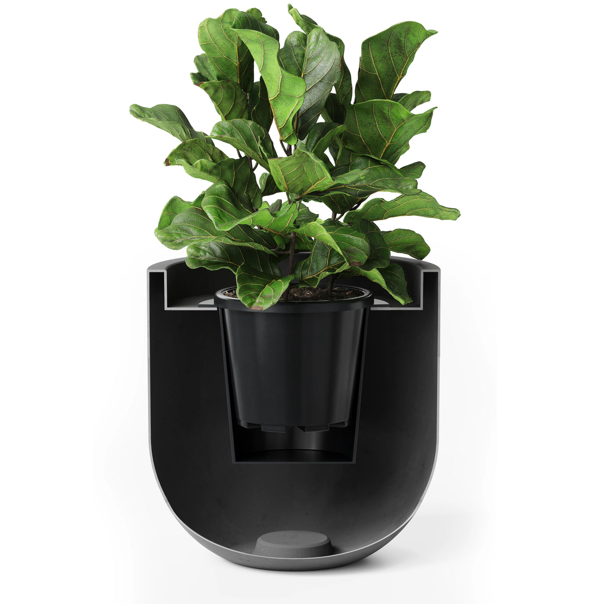 A black modern planter cutaway render holding a black pot and a green leafy plant, shown on a white background.