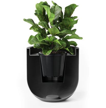 A black modern planter cutaway render holding a black pot and a green leafy plant, shown on a white background.