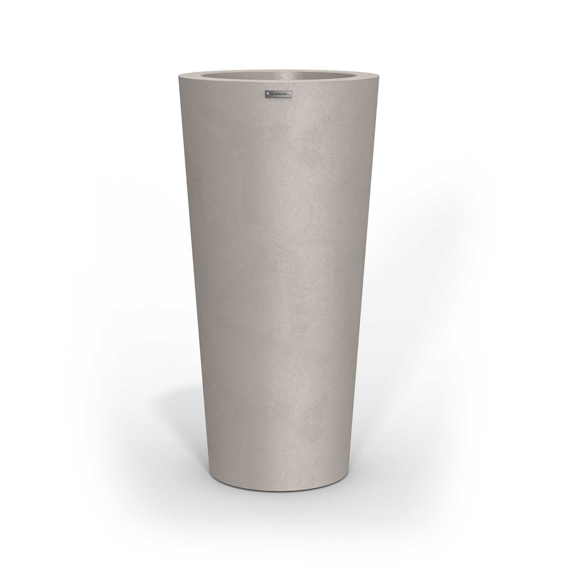 A tall Modscene planter pot in a sandstone colour with a concrete look finish.