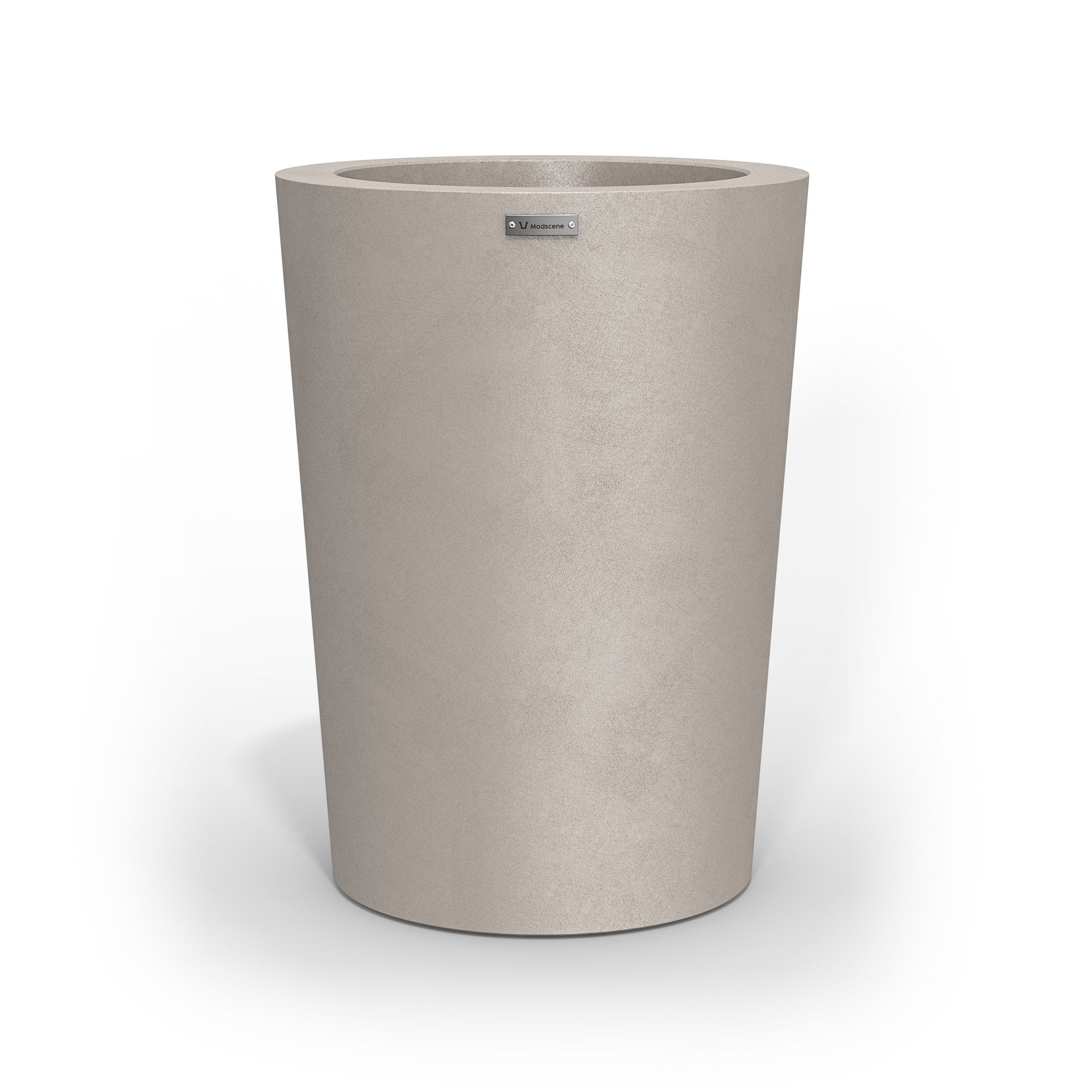 A modern style planter pot in a brushed sand stone colour.