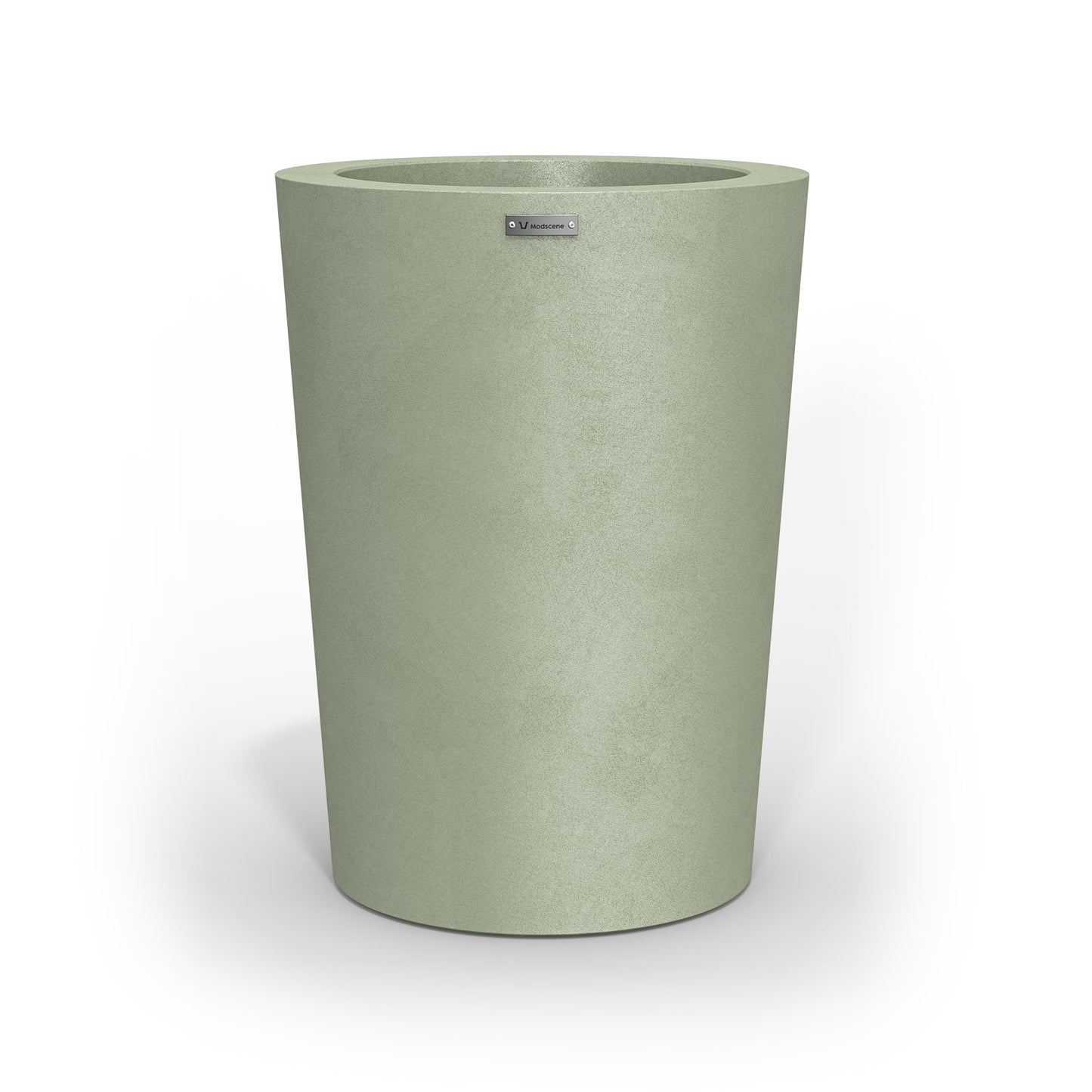 A modern style planter pot in a pastel green colour with a concrete look finish.