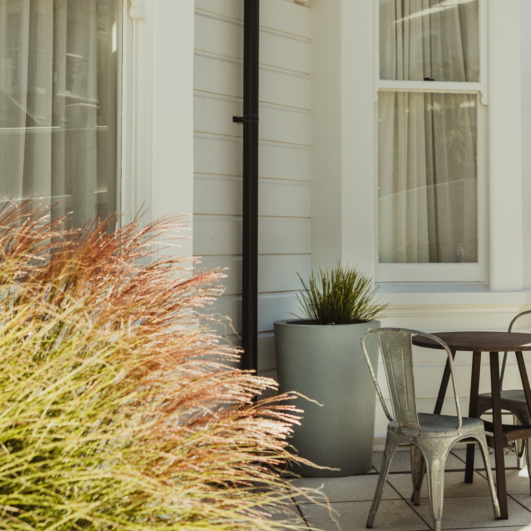 Outdoor patio with potted plants and a table