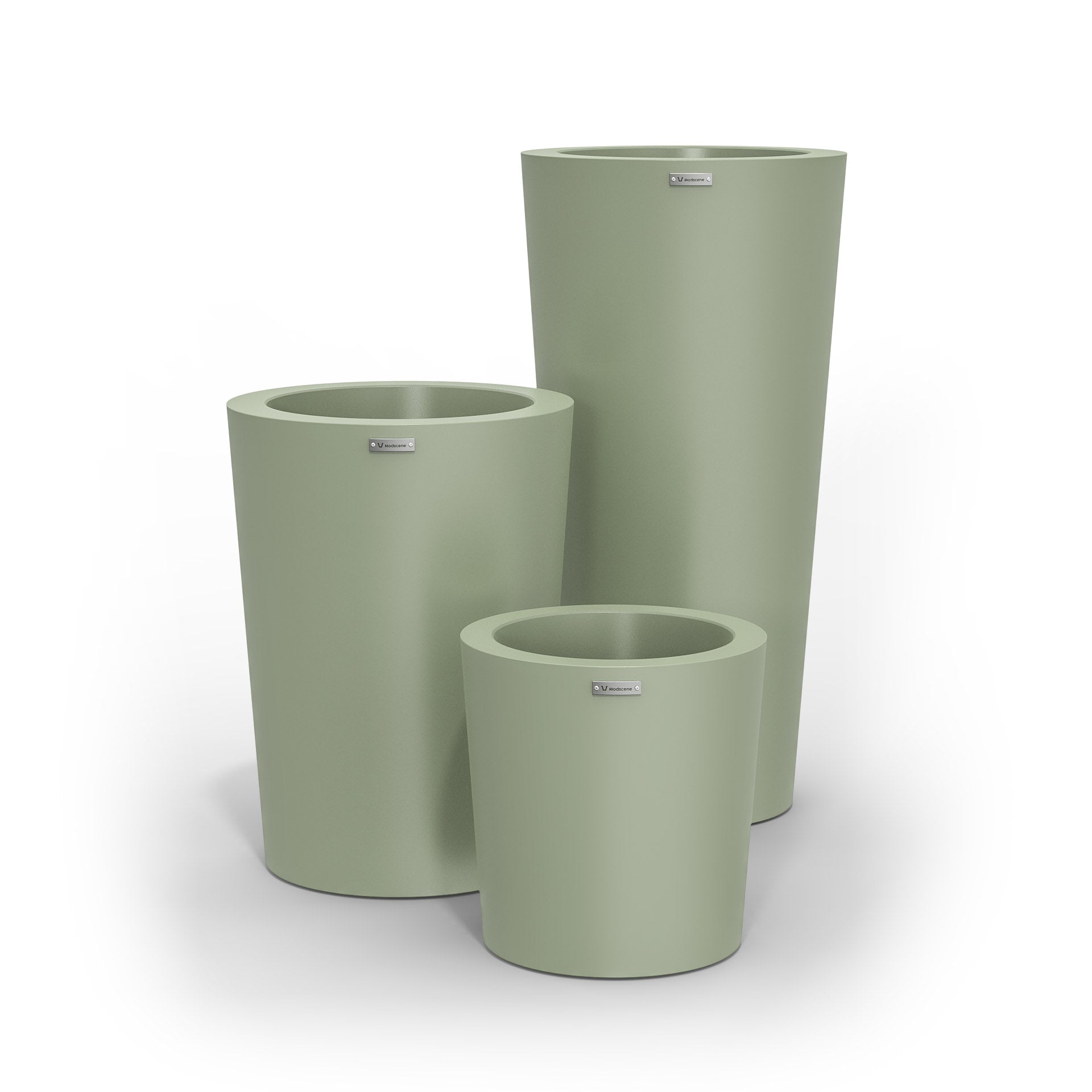 A cluster of three Modscene planter pots in a pastel green colour.