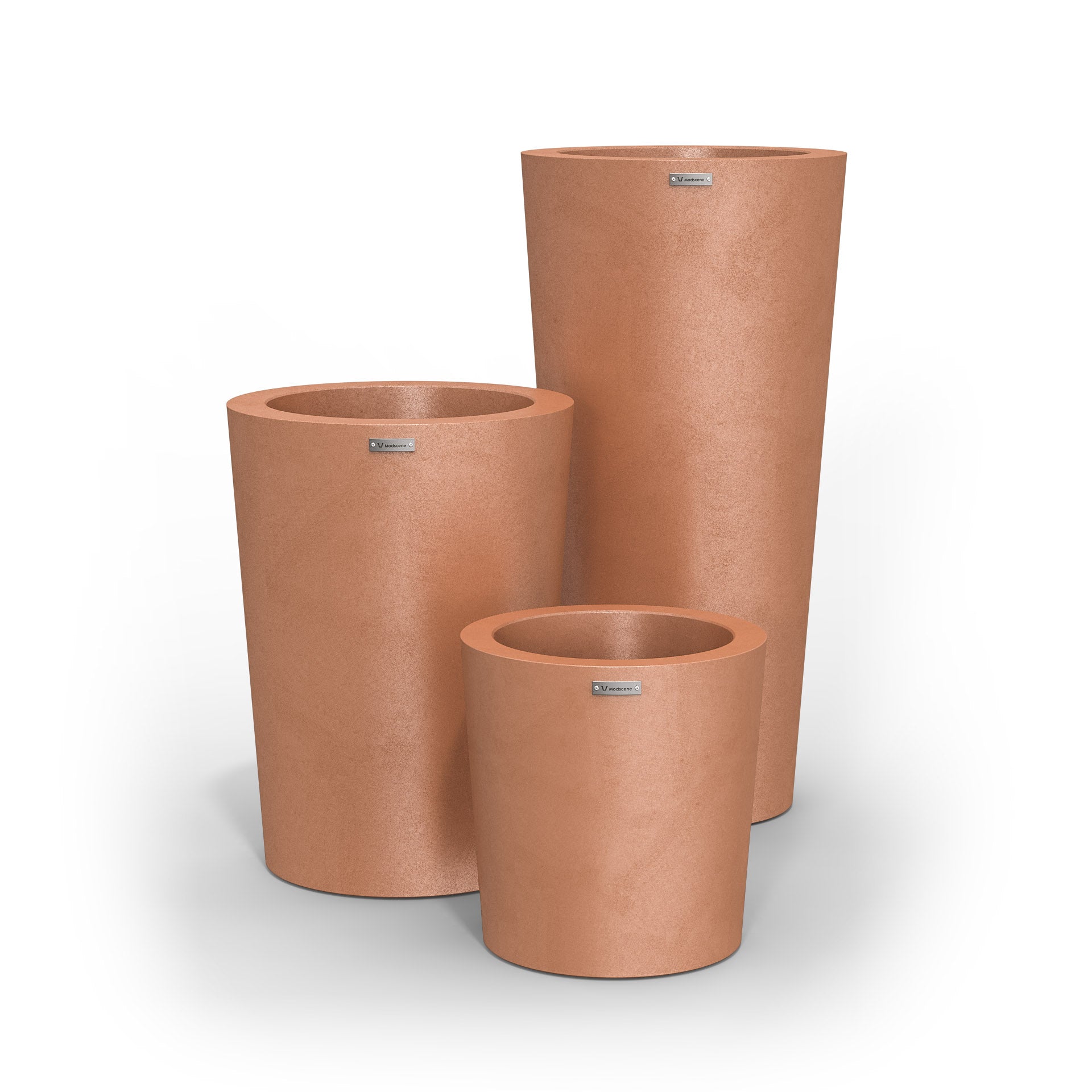 A cluster of three Modscene planter pots in a rustic terracotta colour.