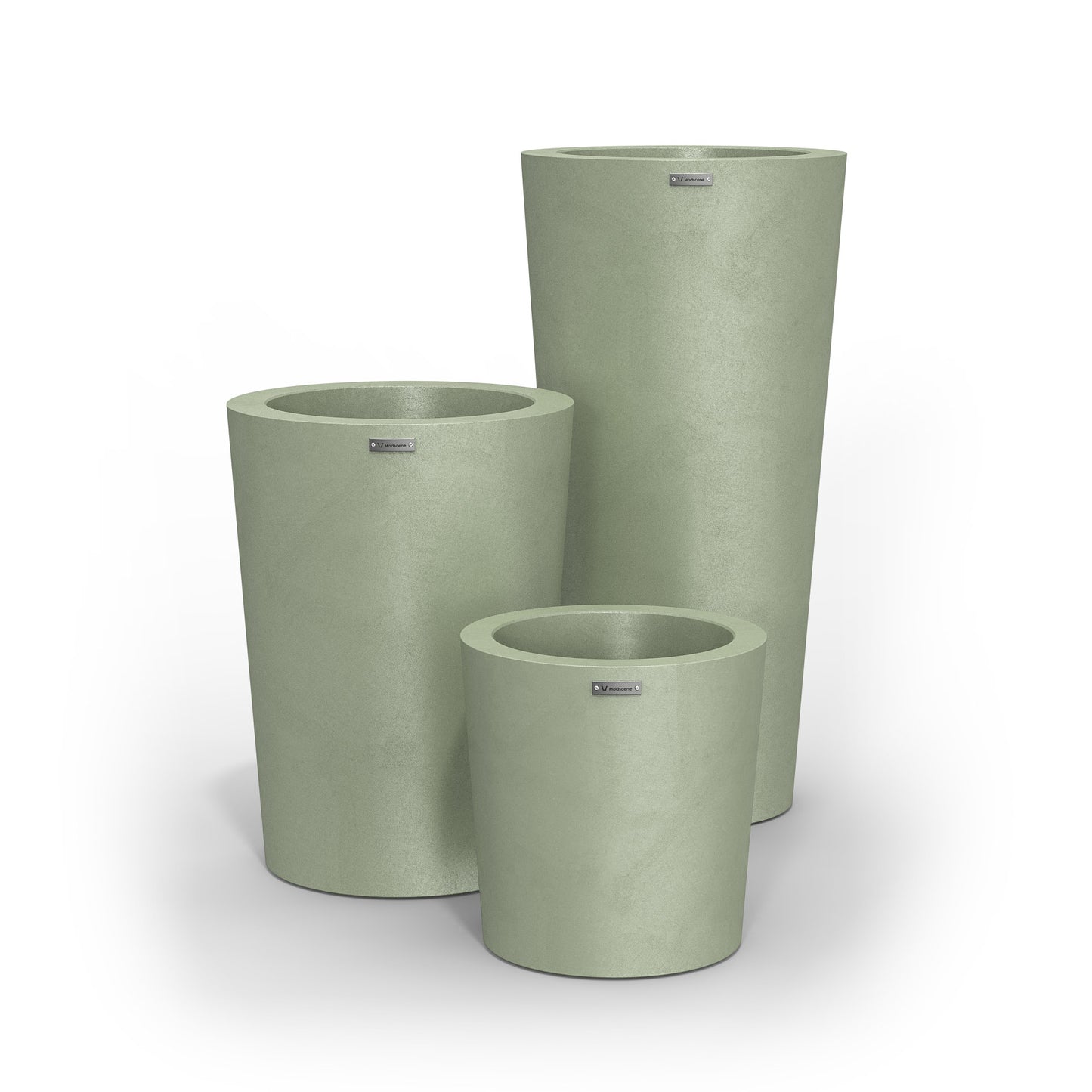 A cluster of three Modscene planter pots in a brushed green colour.