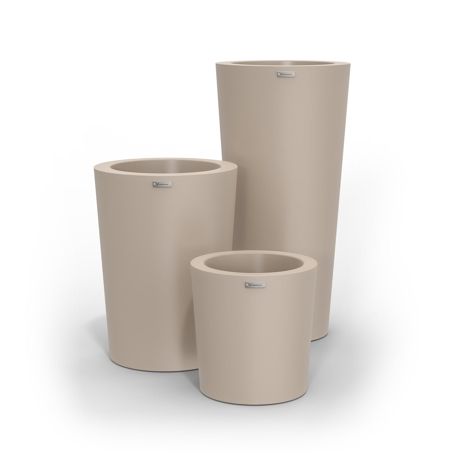 A cluster of three Modscene planter pots in a sand stone colour.