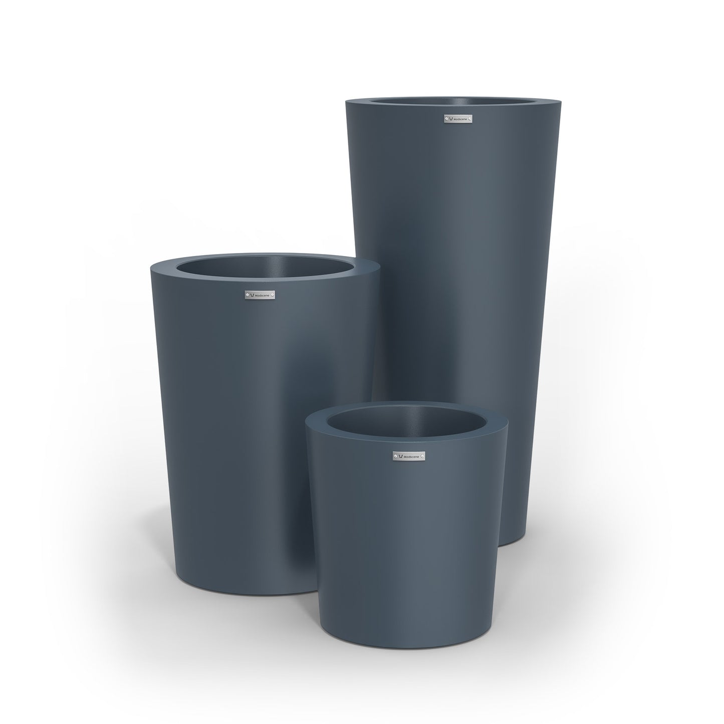 A cluster of three Modscene planter pots in a storm blue colour.