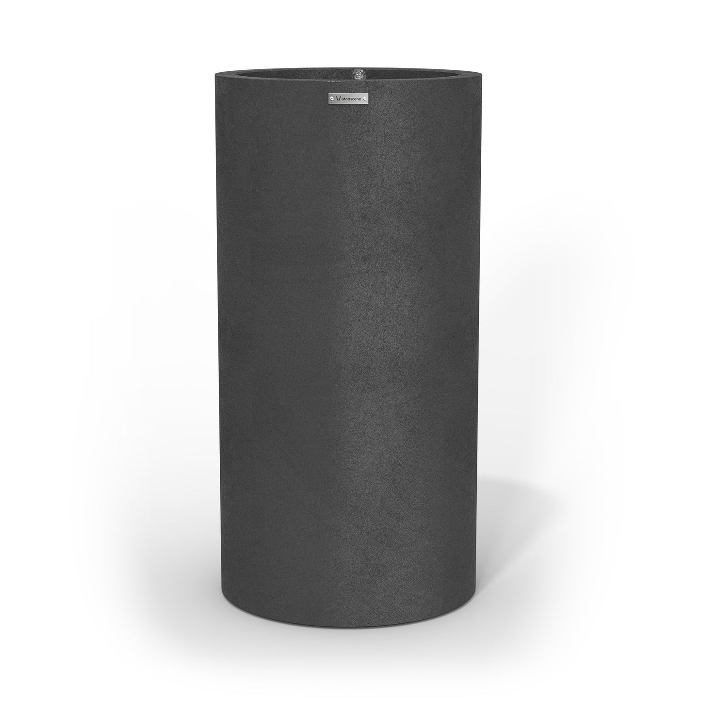 A tall cylinder planter pot in a brushed grey colour made by Modscene NZ.