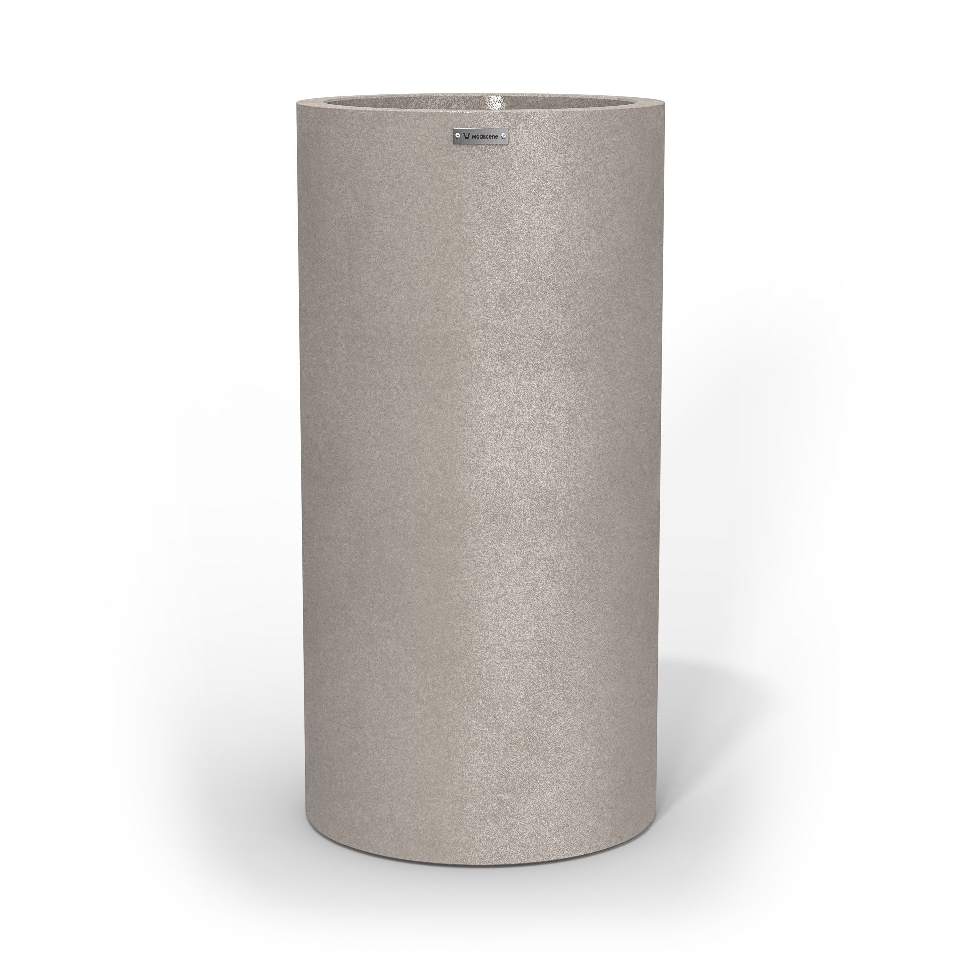 A tall cylinder planter pot in a sand stone colour with a concrete look finish.