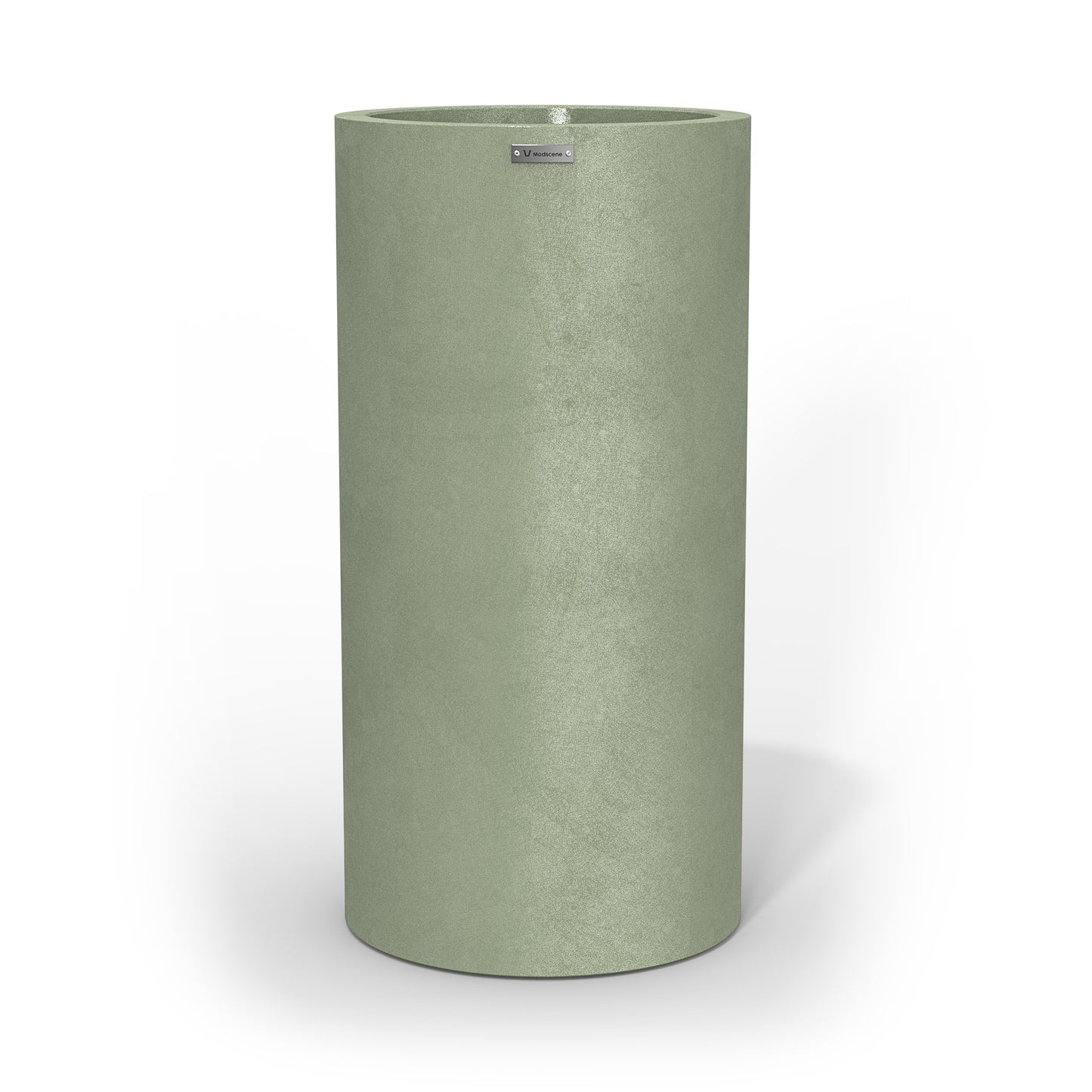 A tall cylinder planter pot in a pastel green colour with a concrete look finish.